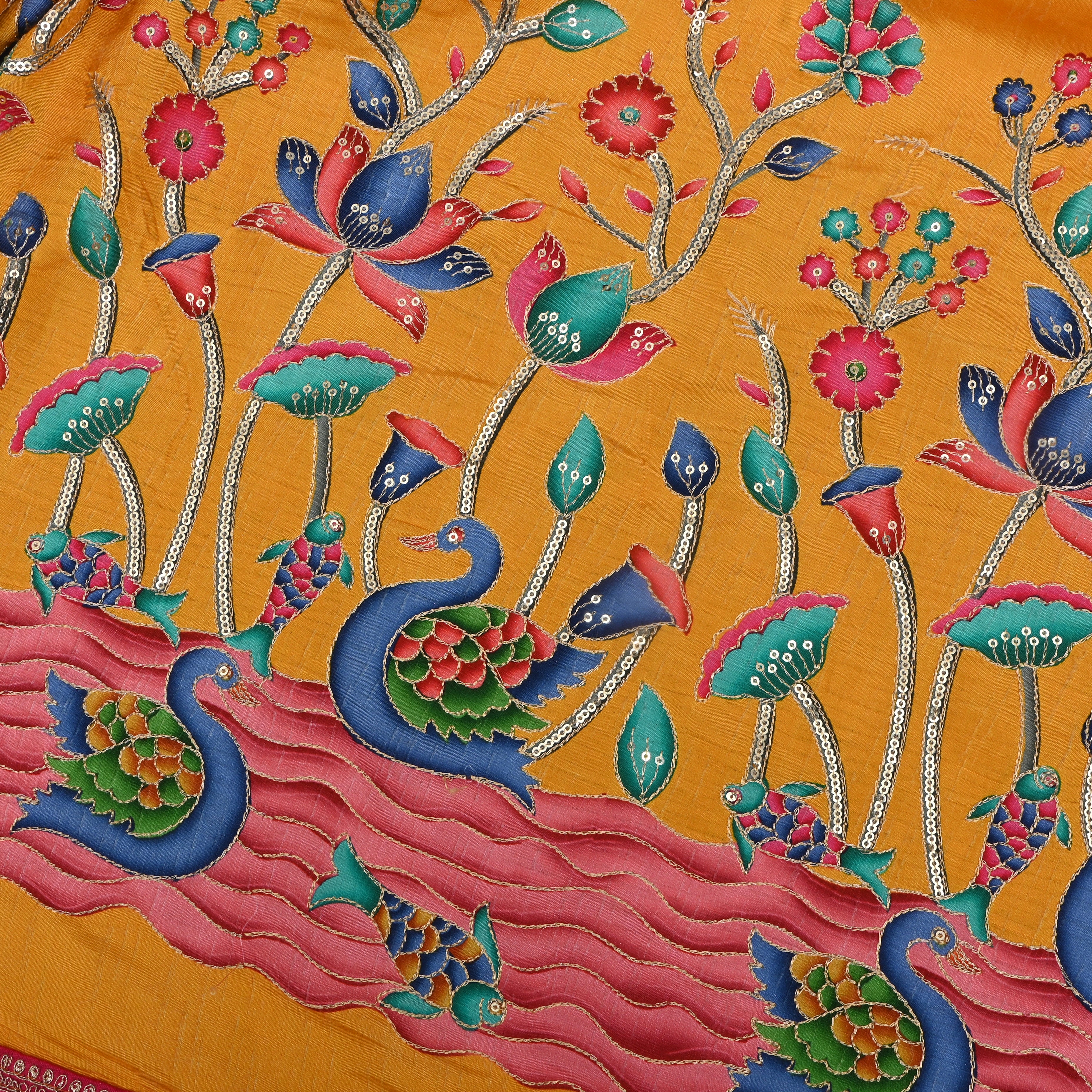 Yellow Silk Fabric With Sequins Work