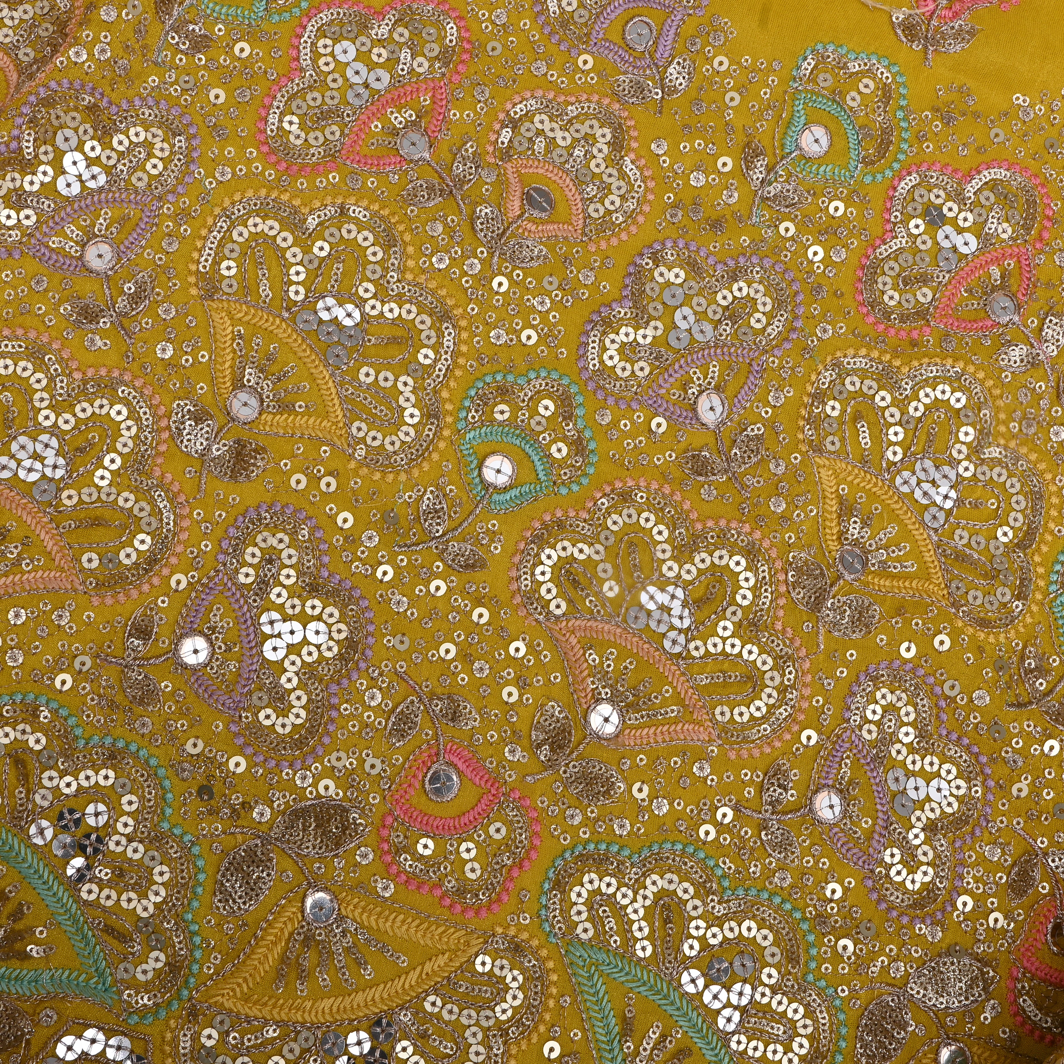 Golden Yellow Tissue Fabric With Sequins Work