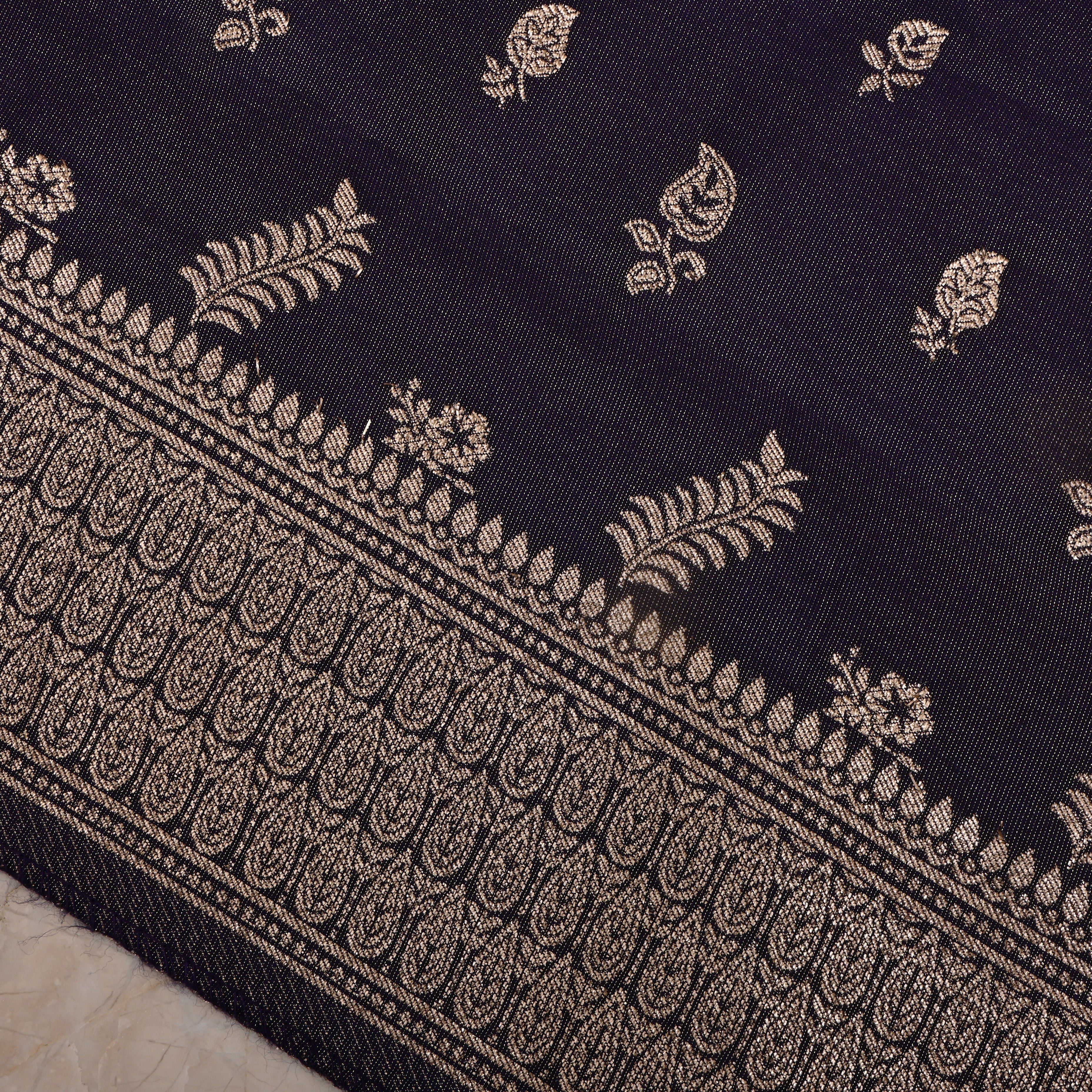 Dark Purple Jamawar Tissue Fabric With Designer Border