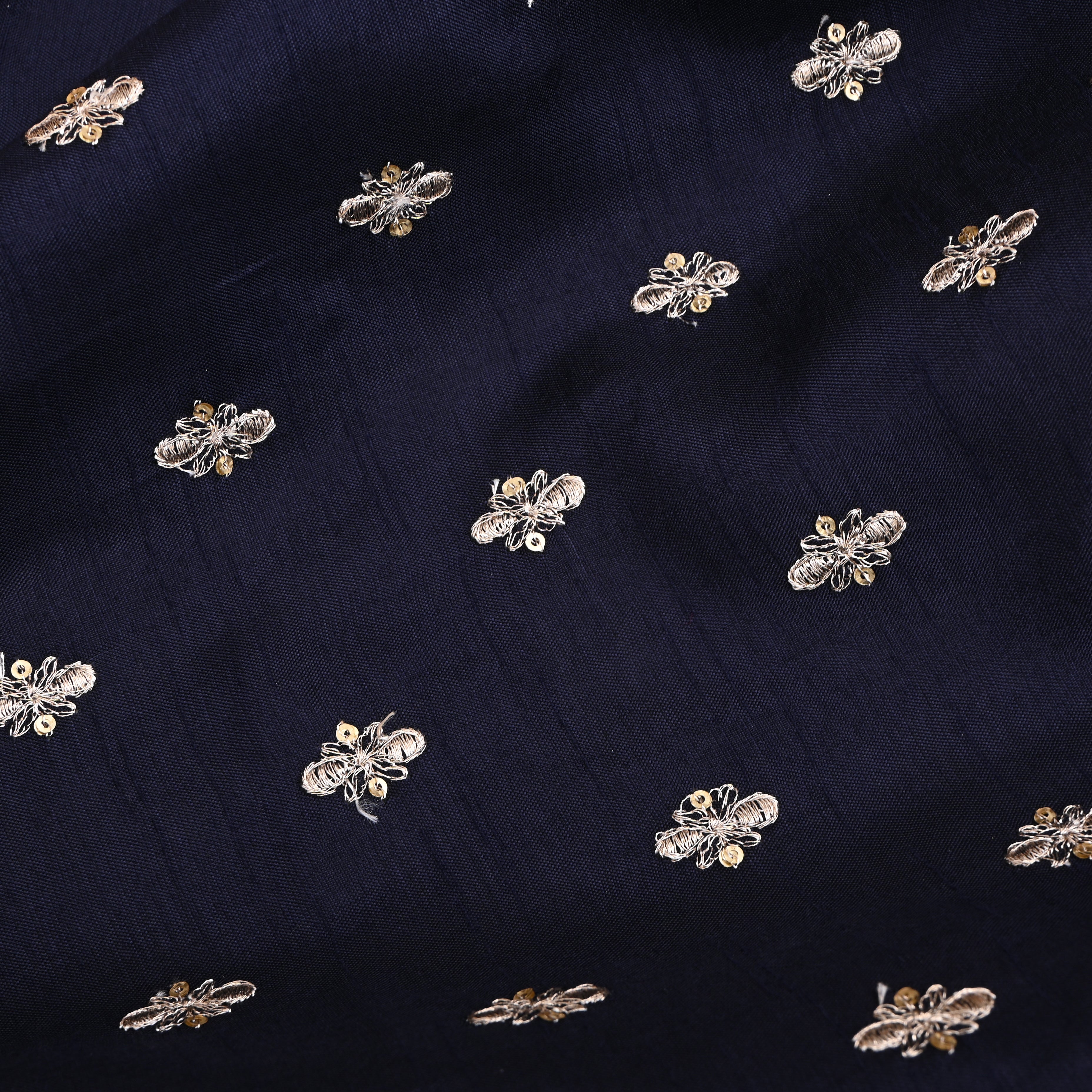 Dark Navy Blue Silk Fabric With Sequins Butti'S