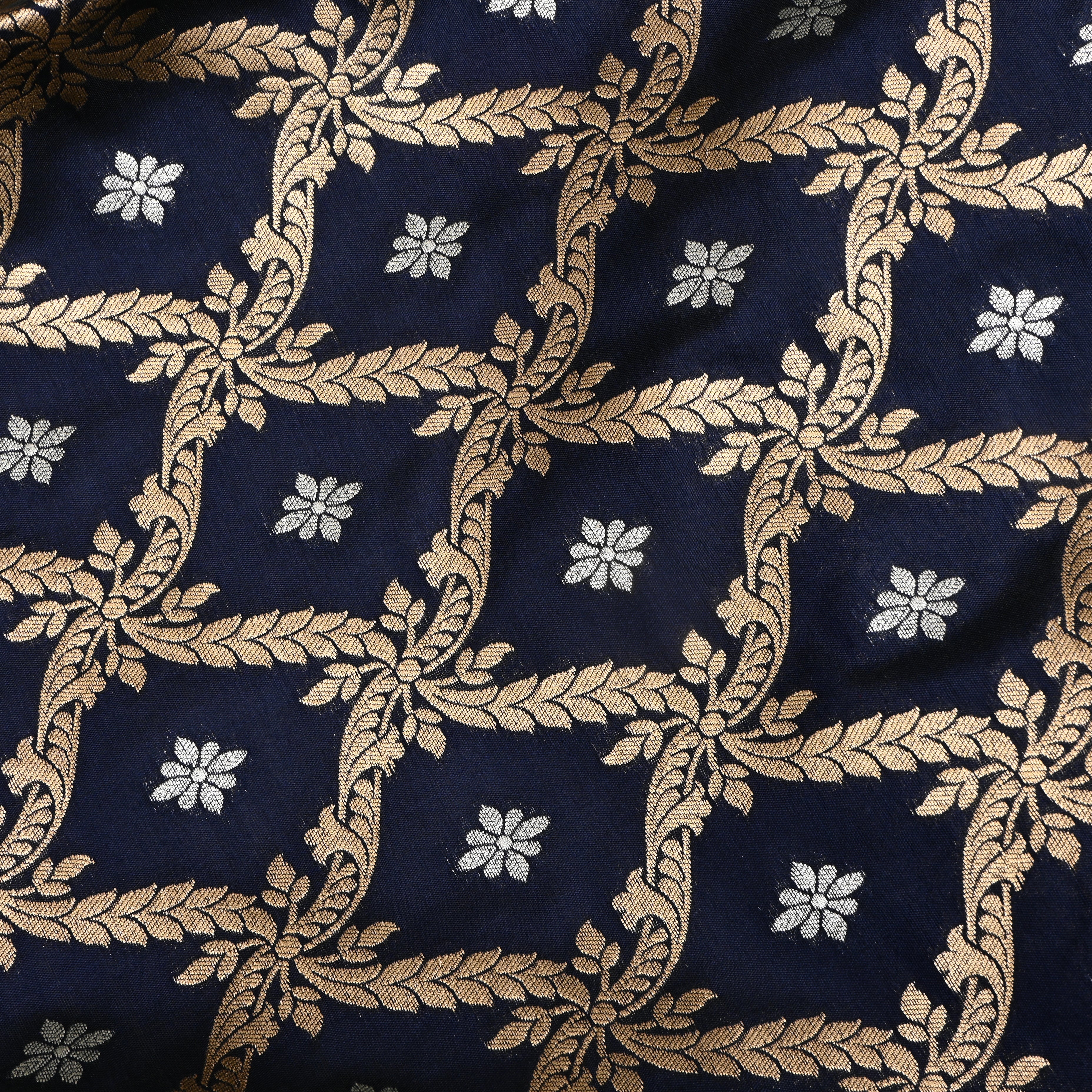Dark Navy Blue Jamawar Silk Fabric With Floral Butti'S