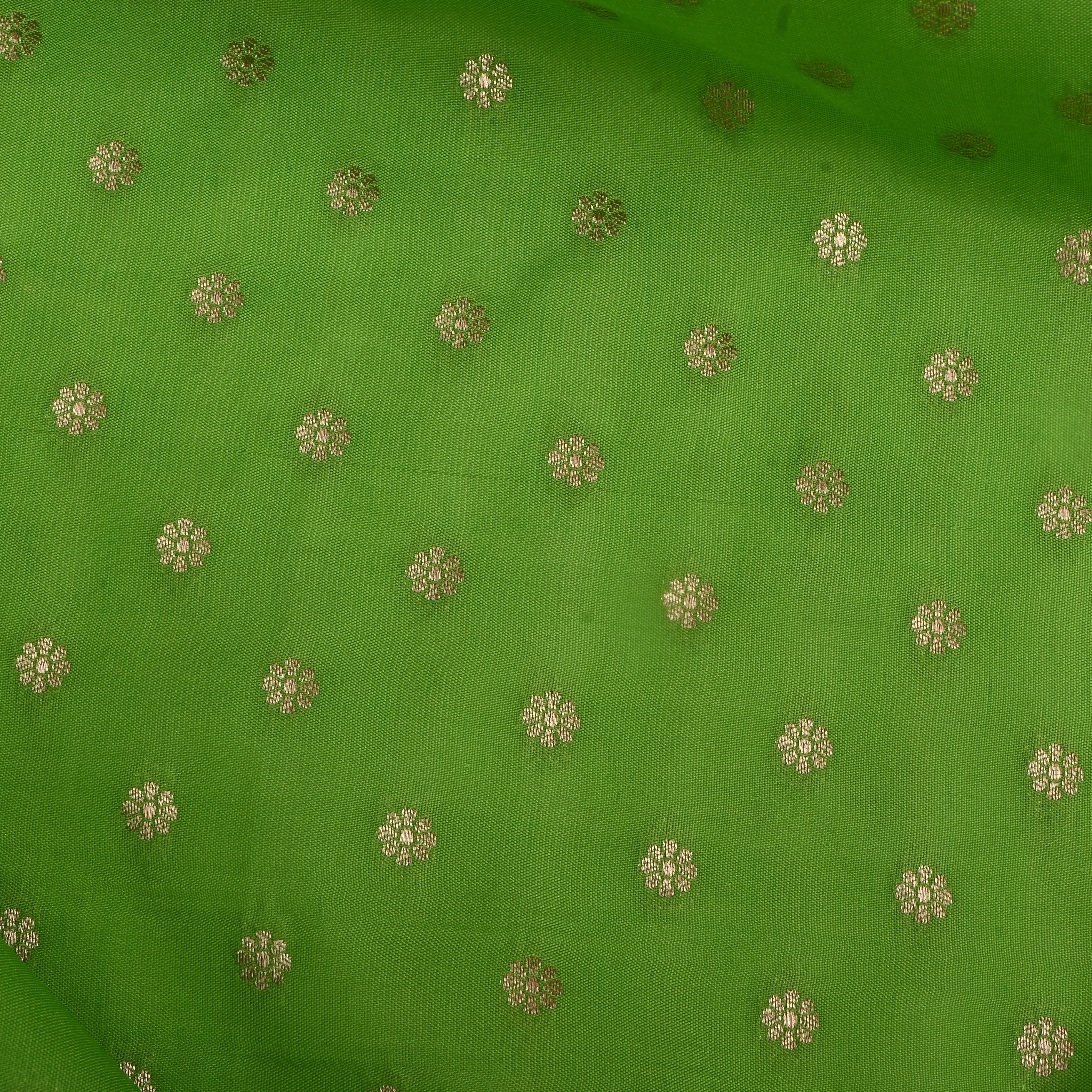Parrot Green Jamawar Silk Fabric With Floral Butti'S