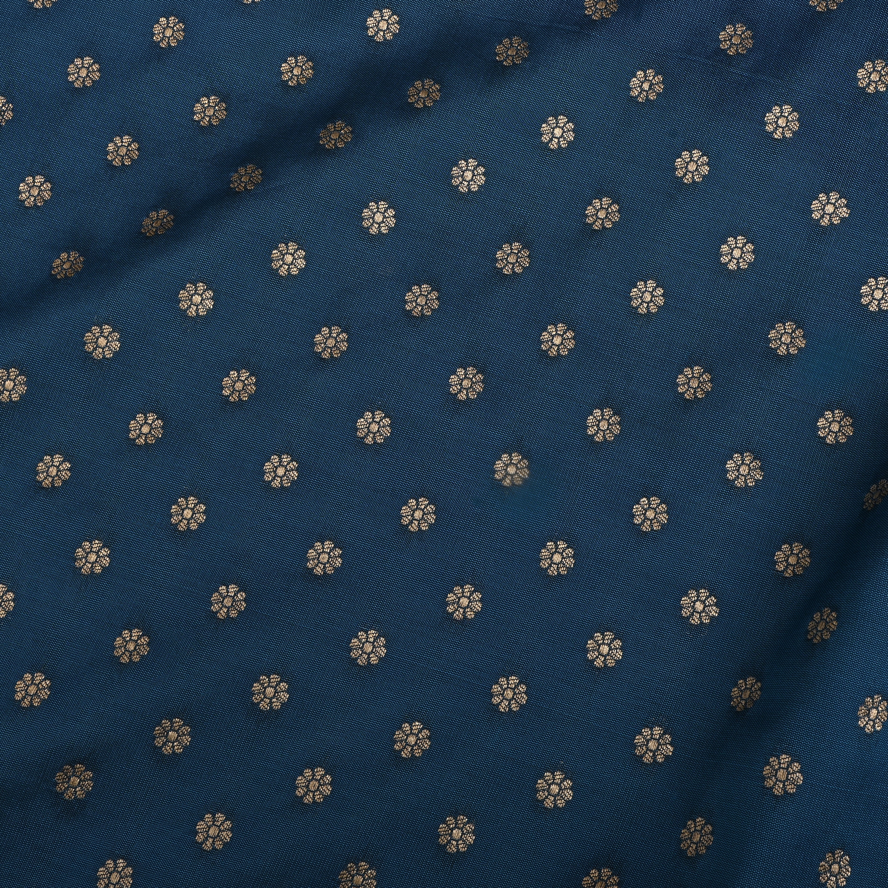 Cyan Cornflower Blue Jamawar Silk Fabric With Floral Butti'S