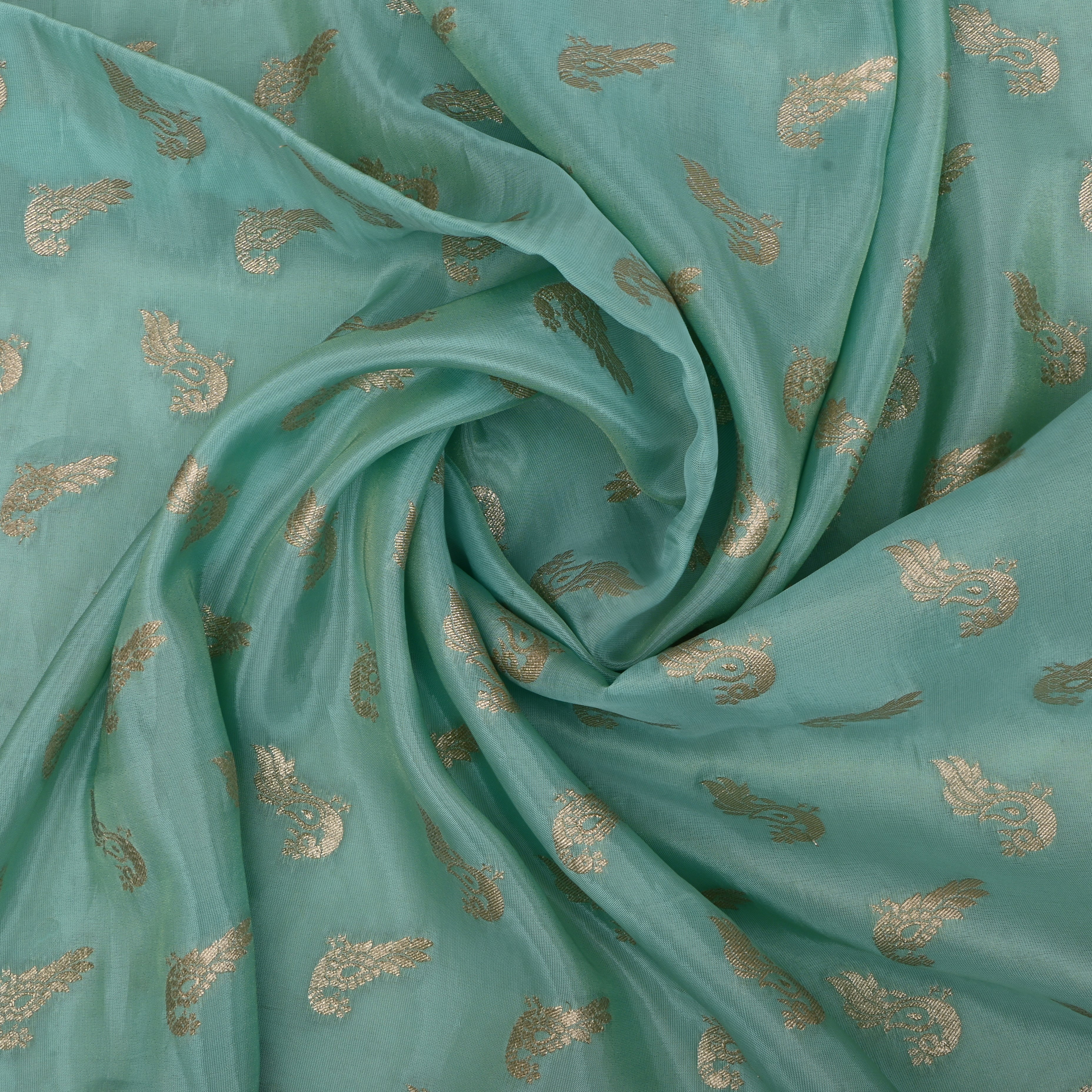 Celeste Blue Jamawar Tissue Fabric With Avian Weaving