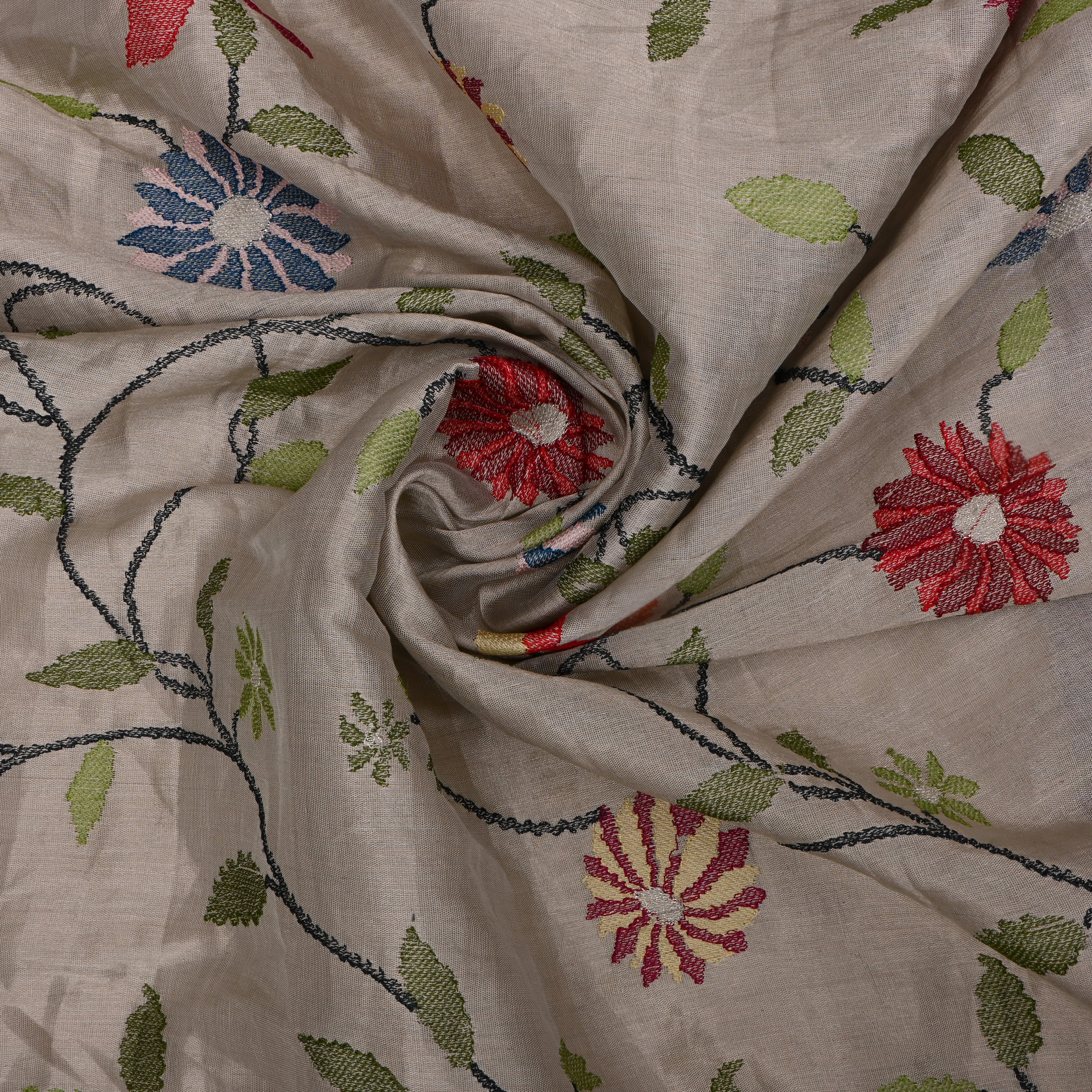 Dark Gray Tissue Fabric With Embroidery