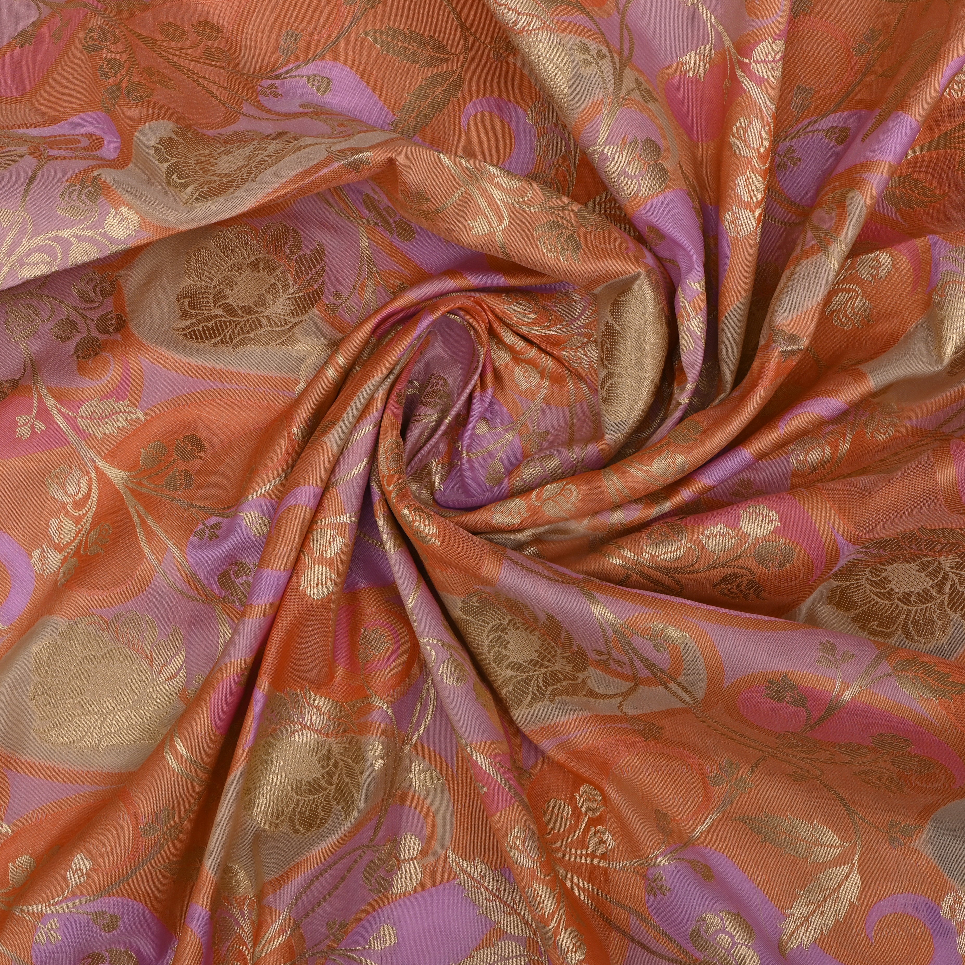 Peach Orange Banarasi Fabric With Golden Jaal