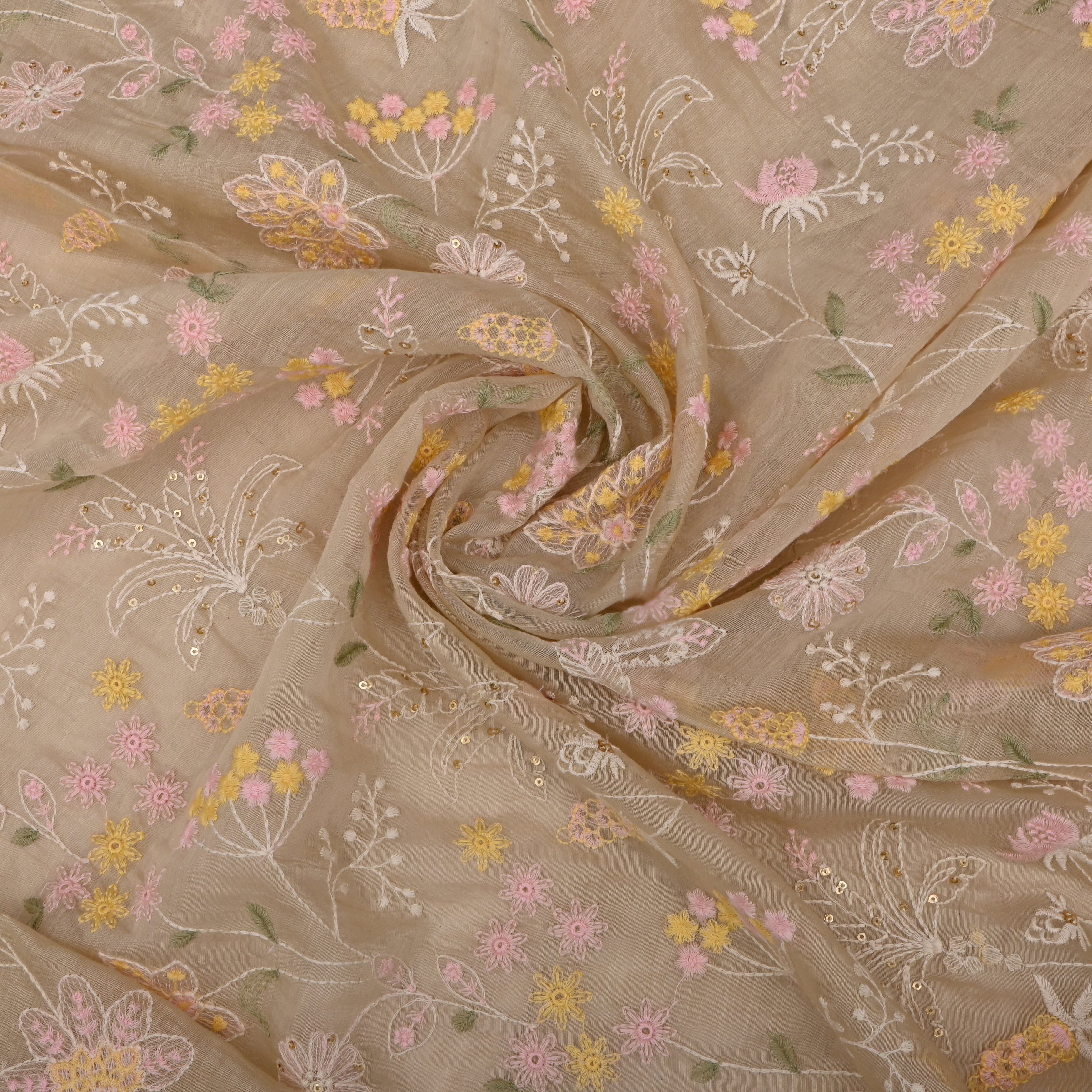 Gin Green Mul Chanderi Fabric With Embroidery