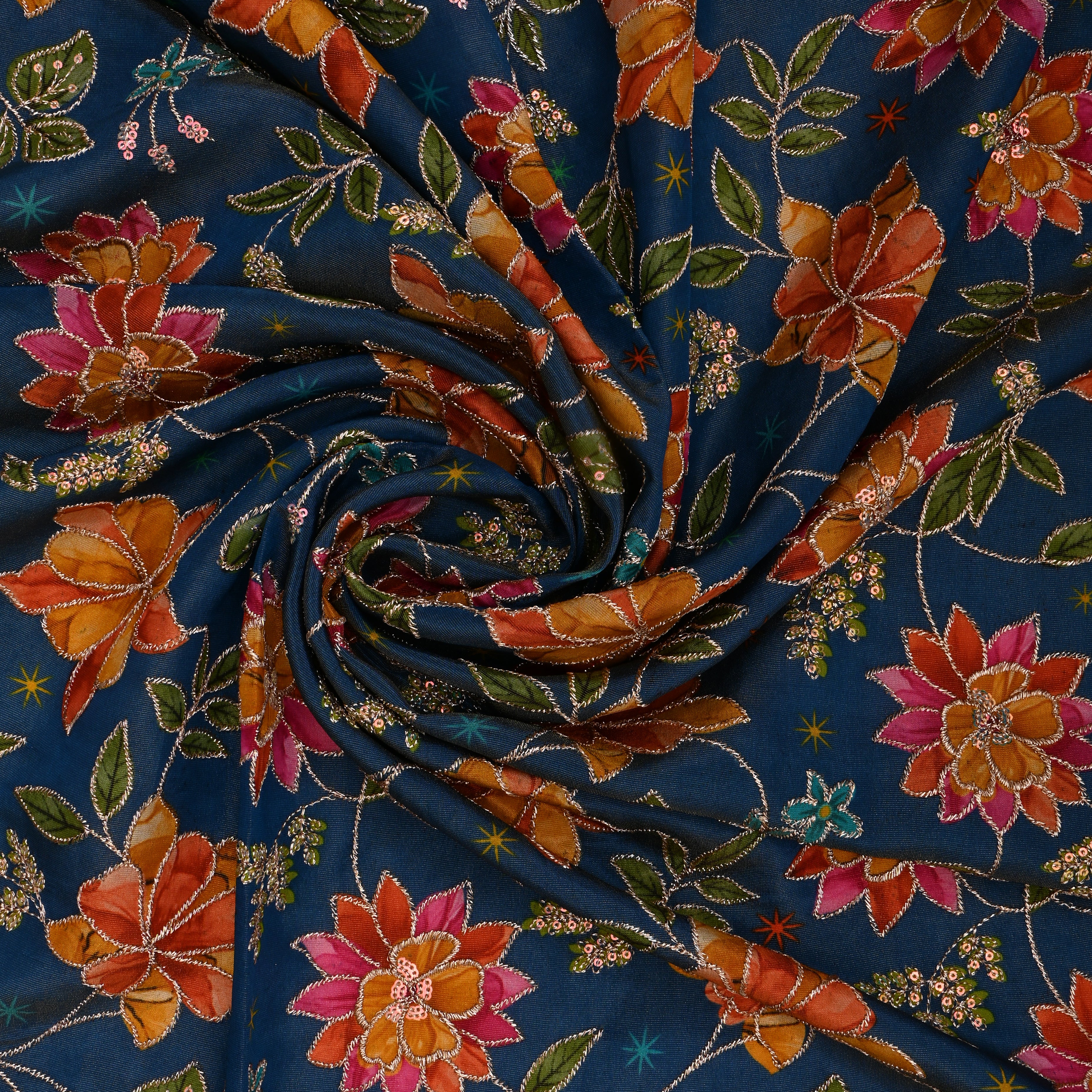 Lapis Blue Printed Floral Tissue Fabric With Embroidery