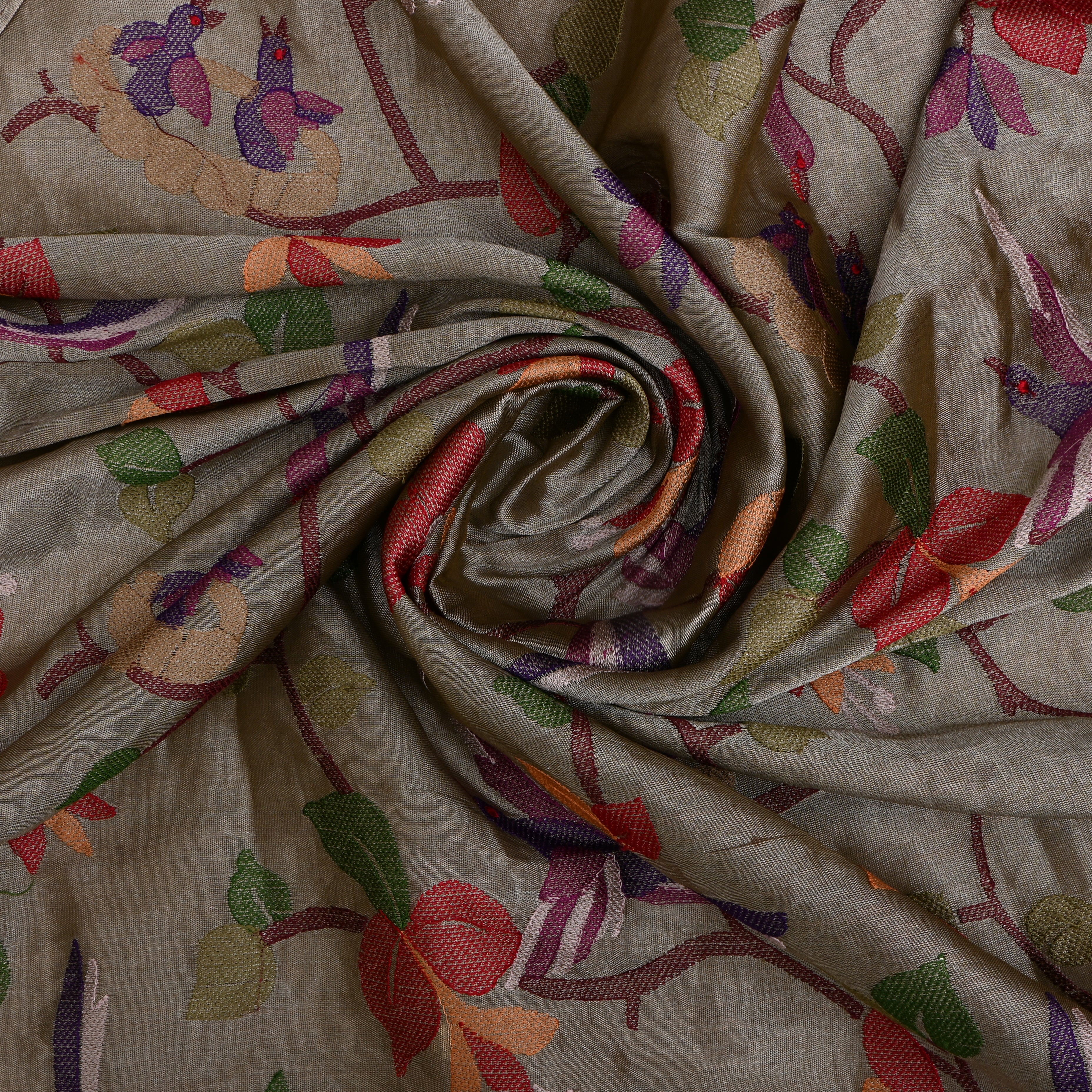 Silver Tissue Fabric With Avian Embroidery