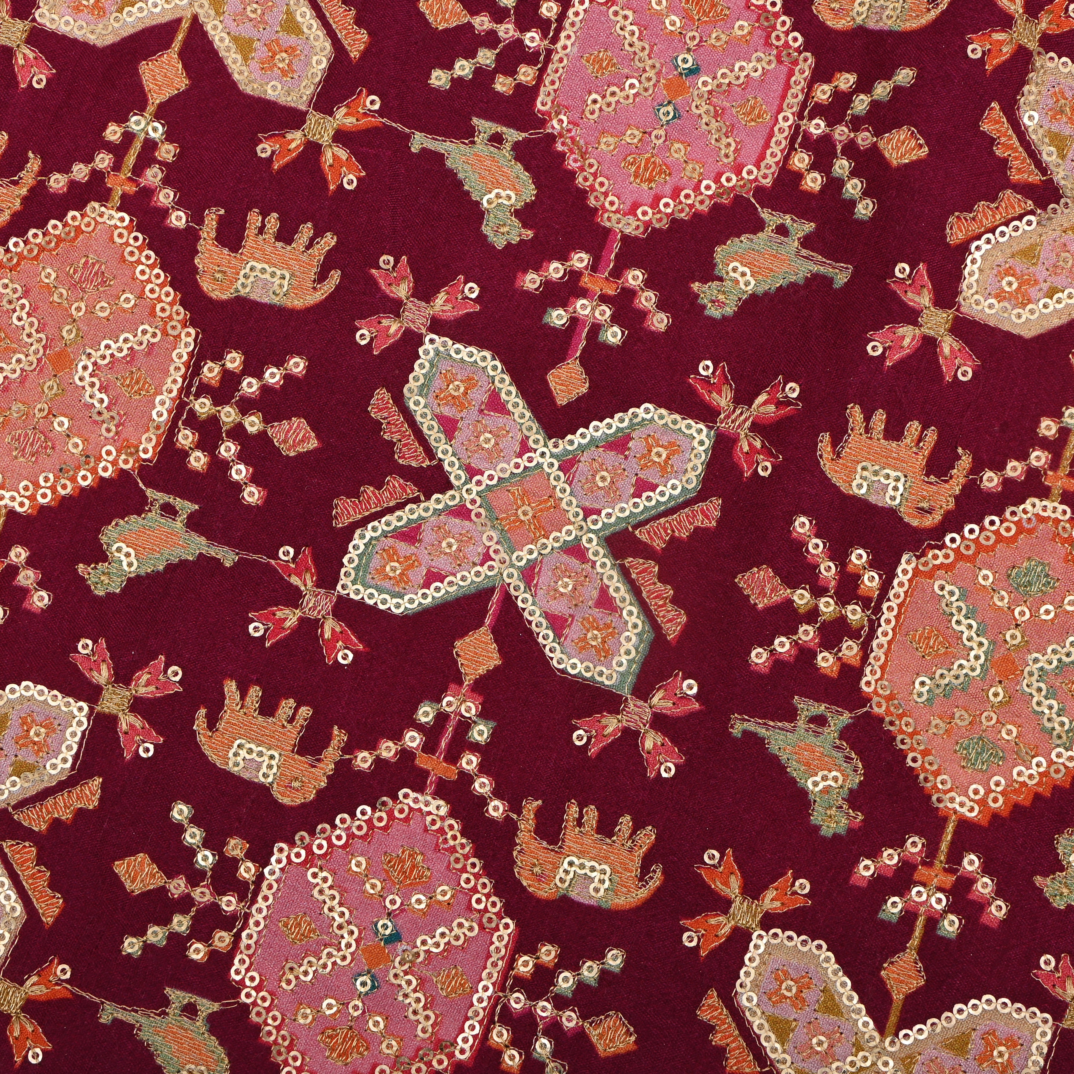 Purple Silk Fabric With Printed Embroidery