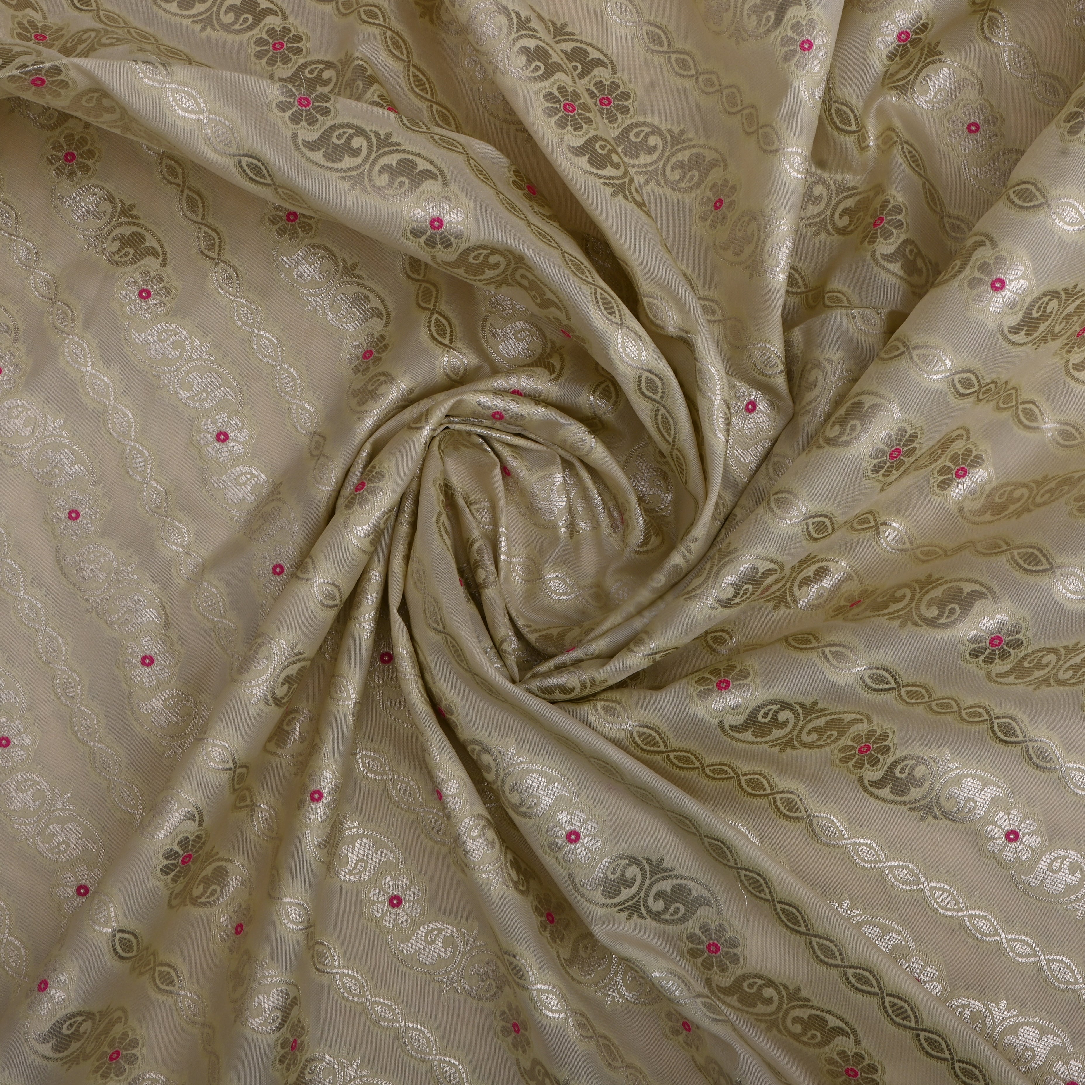 Pale Beige Jamawar Silk Fabric With Leheriya Pattern