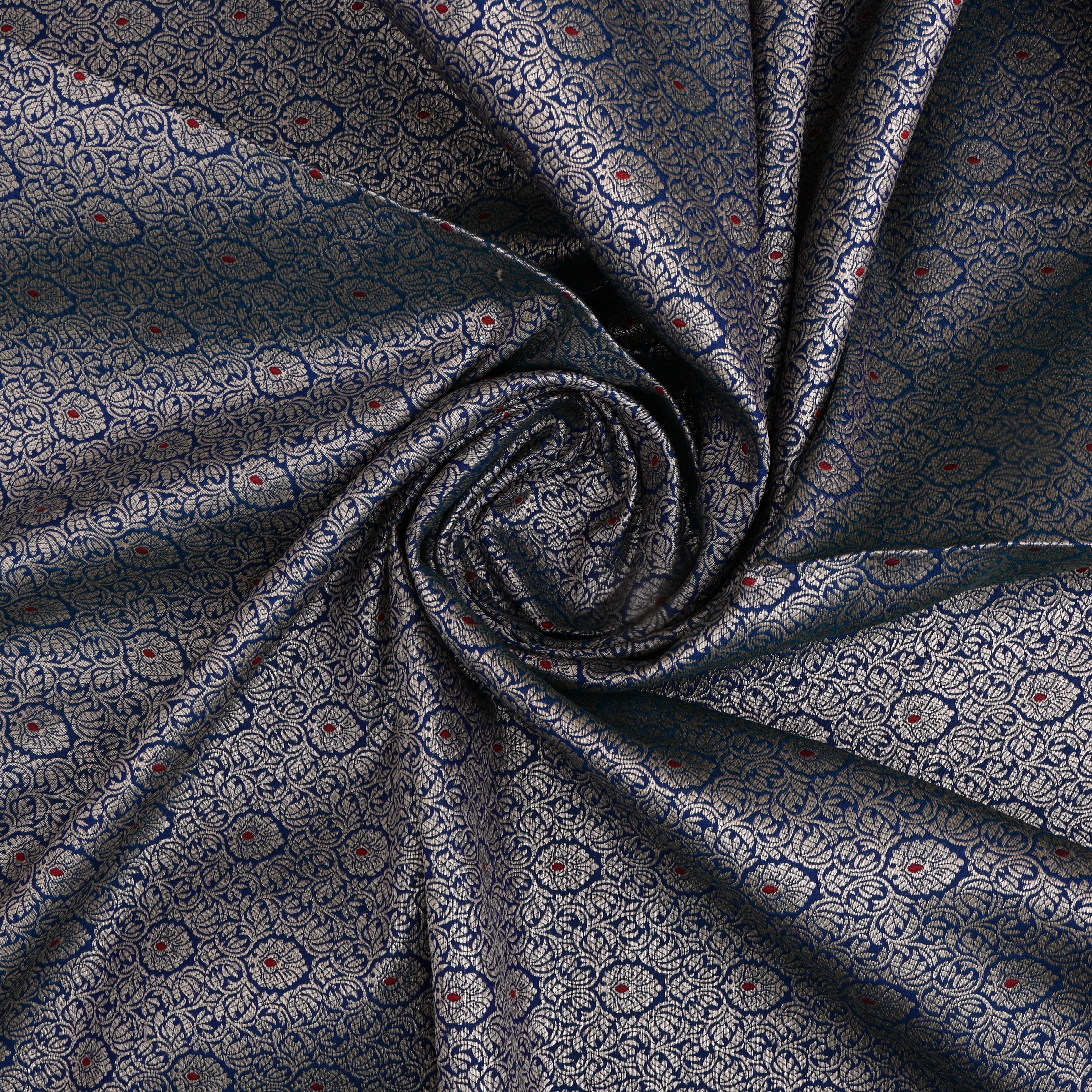 Dark Midnight Blue Jamawar Silk Fabric