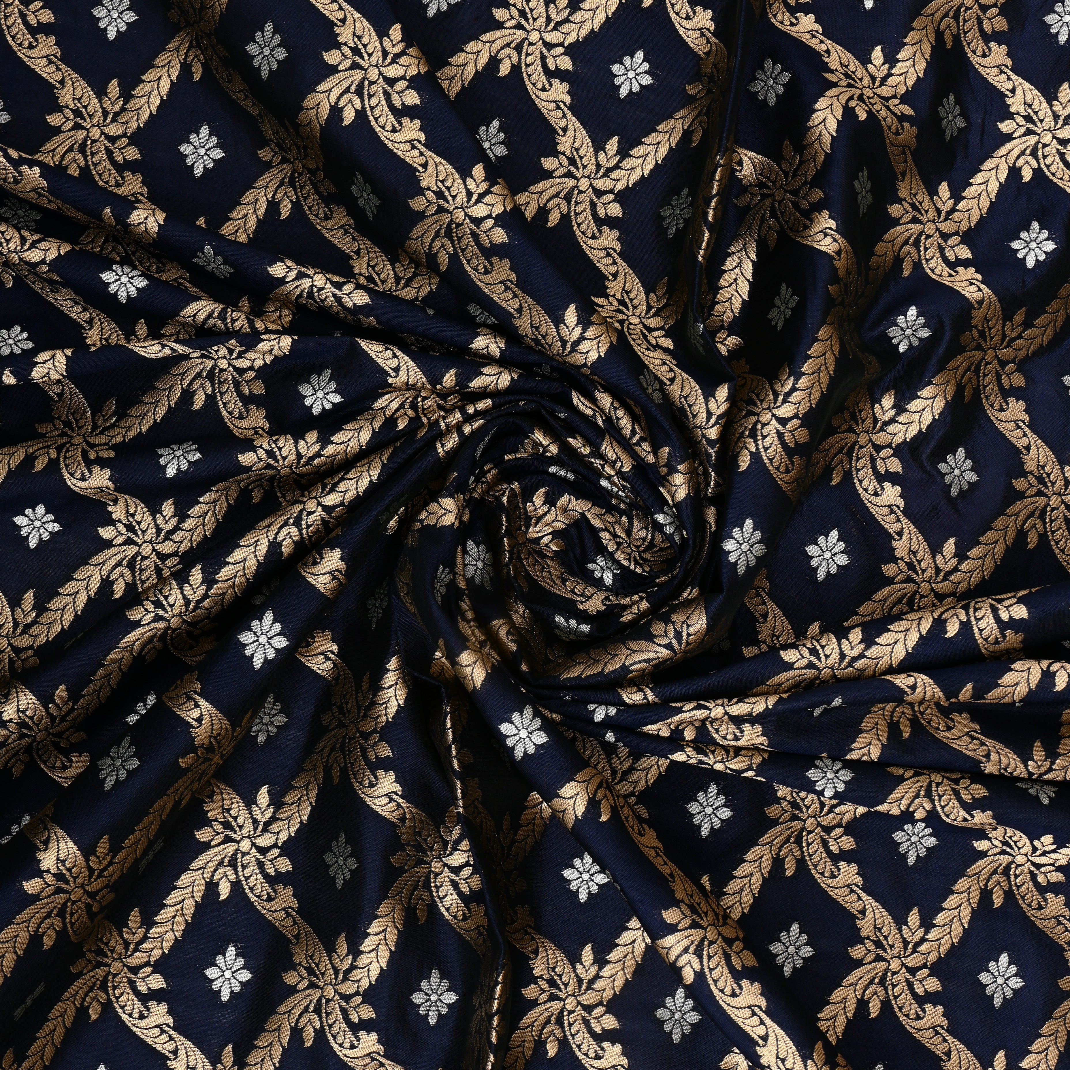 Dark Navy Blue Jamawar Silk Fabric With Floral Butti'S