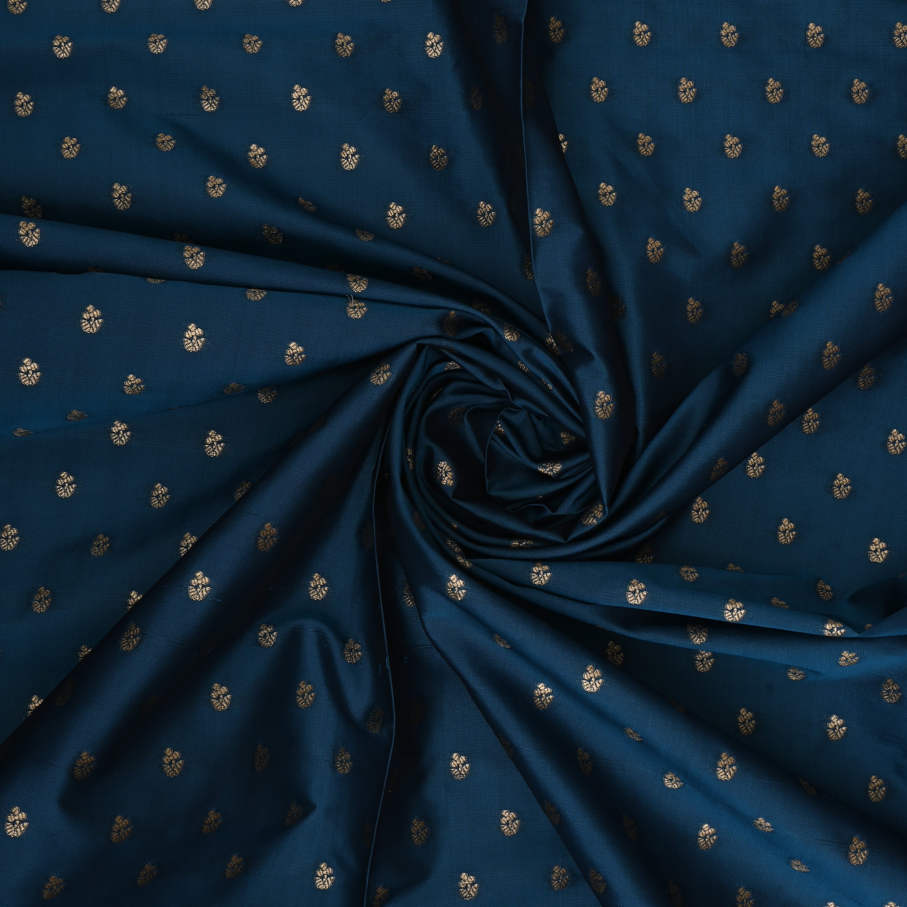 Indigo Dye Blue Jamawar Silk Fabric With Floral Butti'S