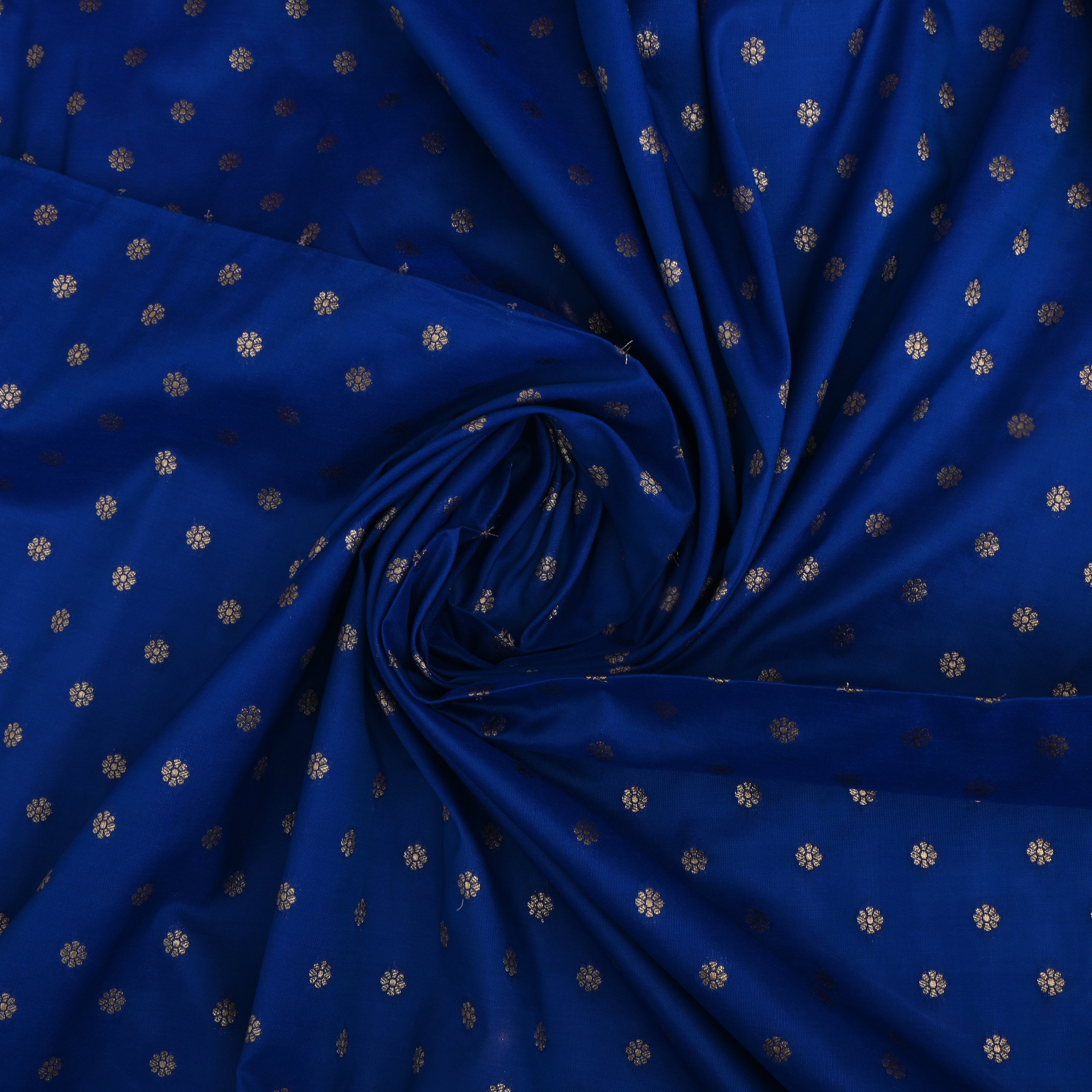 Cobalt Blue Jamawar Silk Fabric With Floral Butti'S