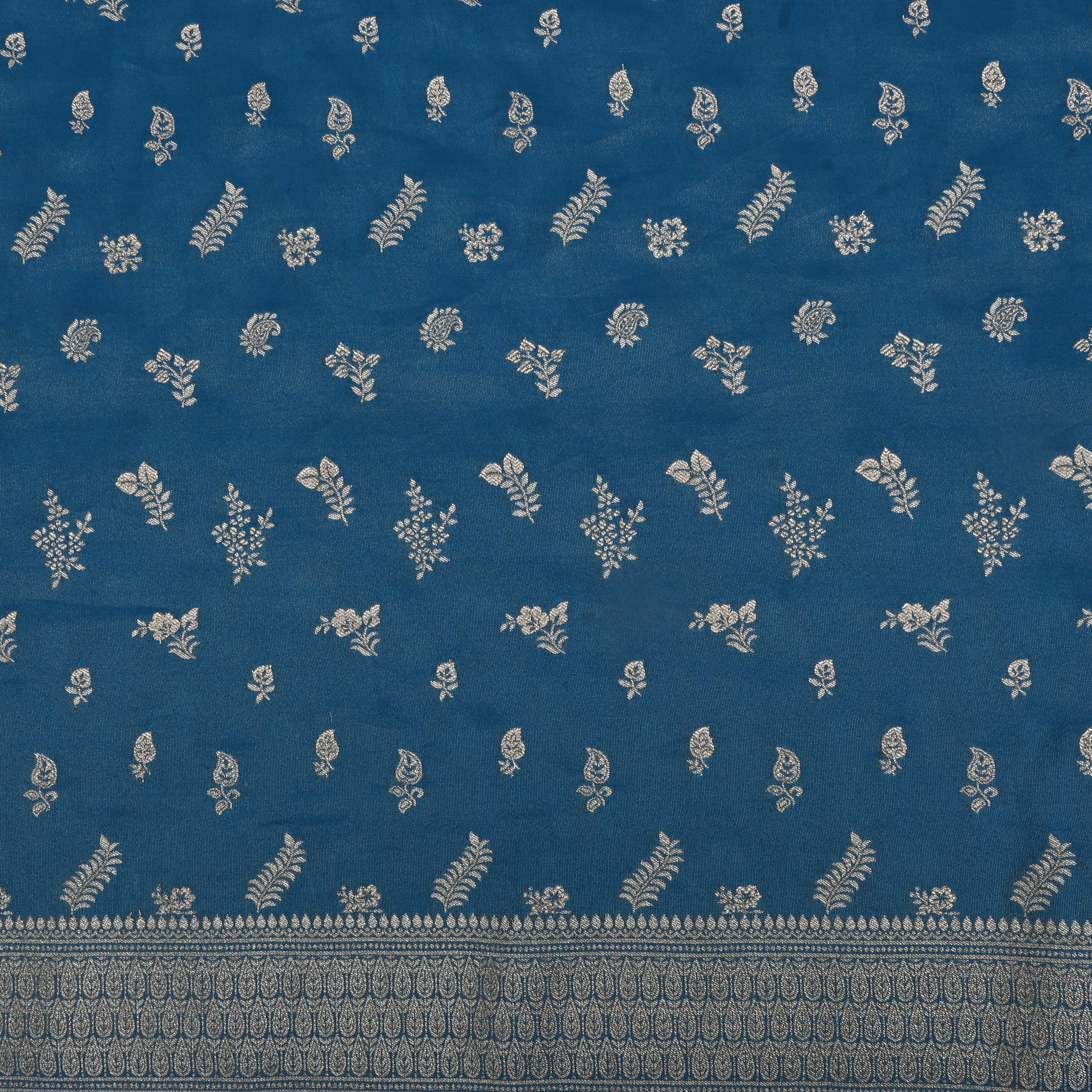 Tufts Blue Jamawar Tissue Fabric With Designer Border