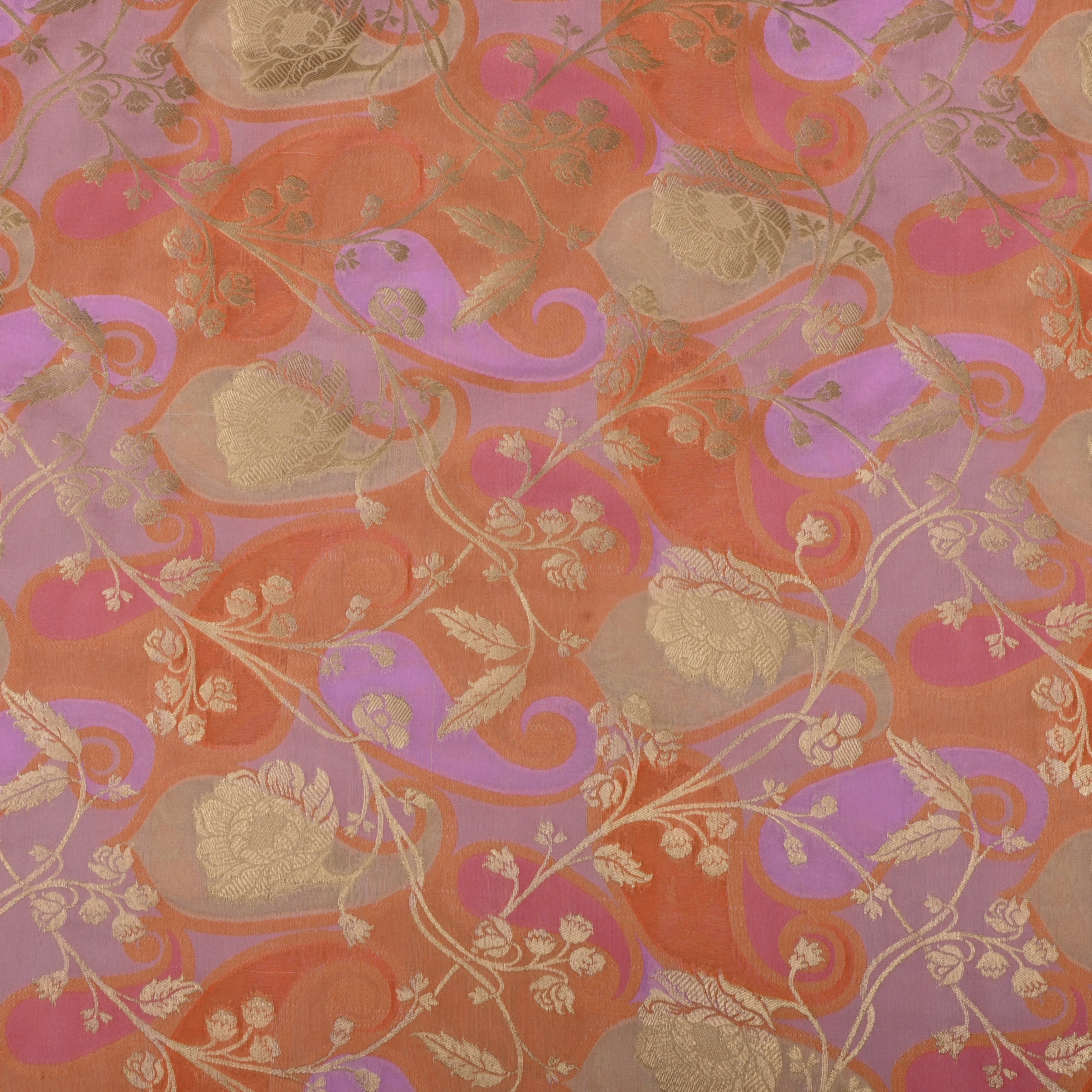 Peach Orange Banarasi Fabric With Golden Jaal