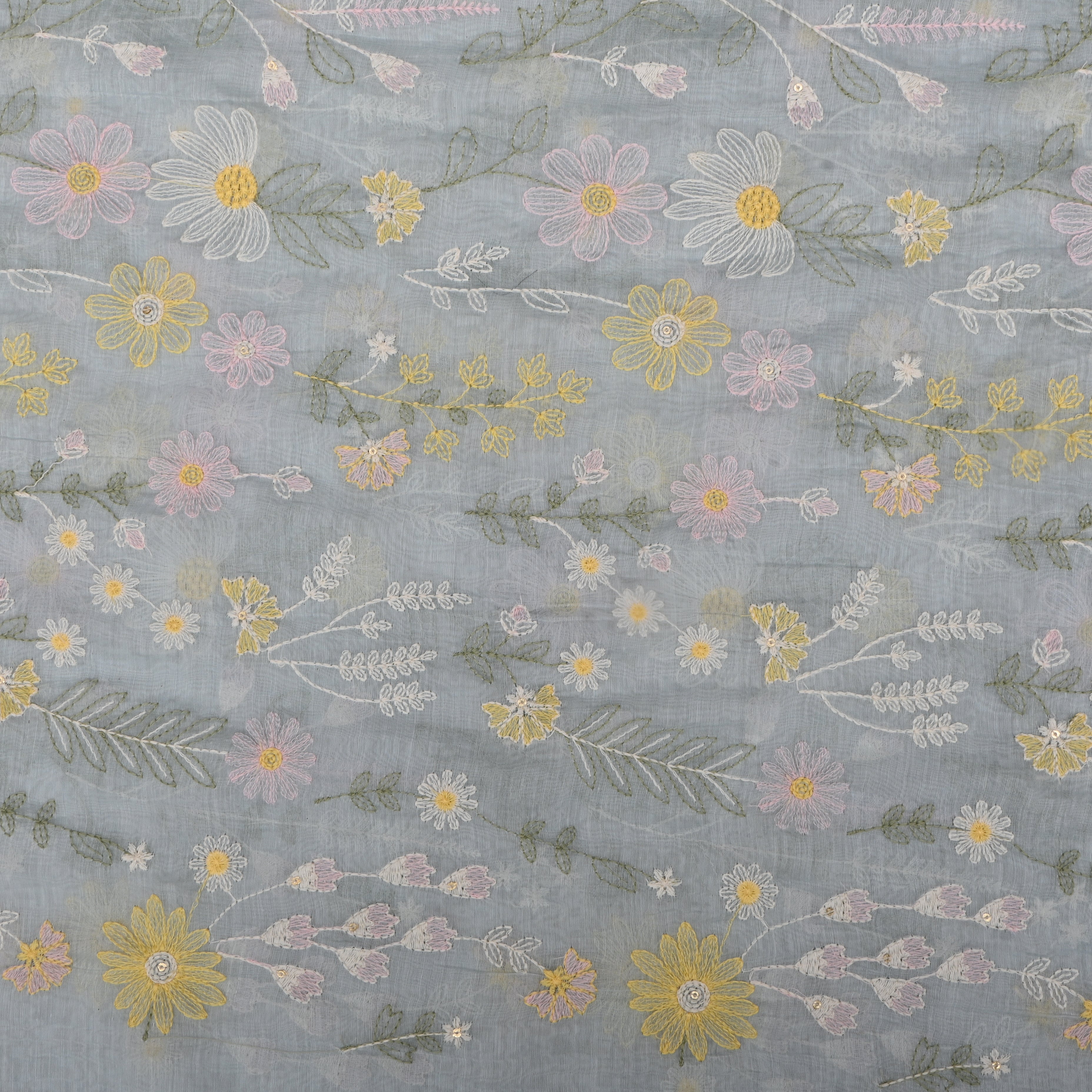 Pastel Blue Chanderi Fabric With Thread Embroidery