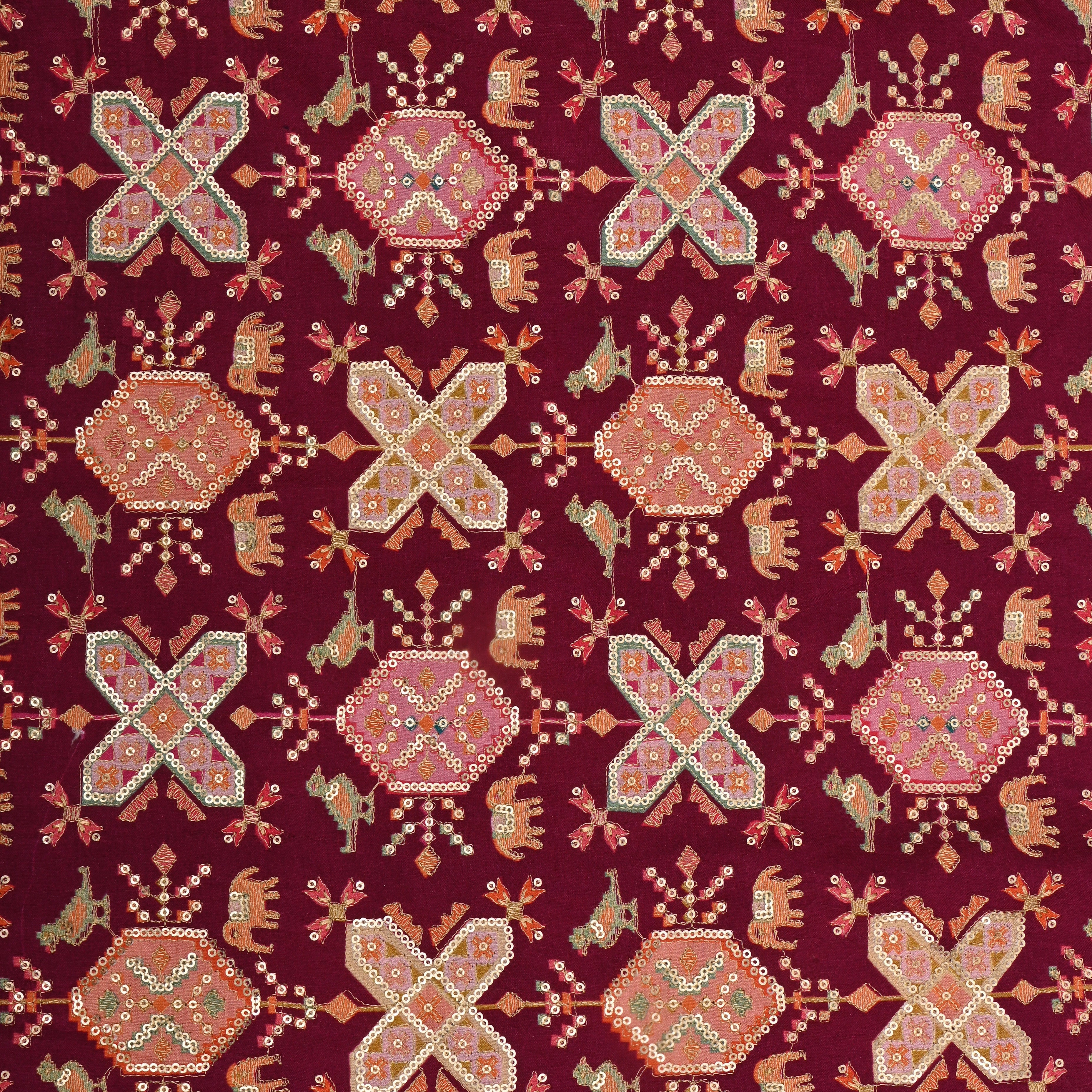 Purple Silk Fabric With Printed Embroidery