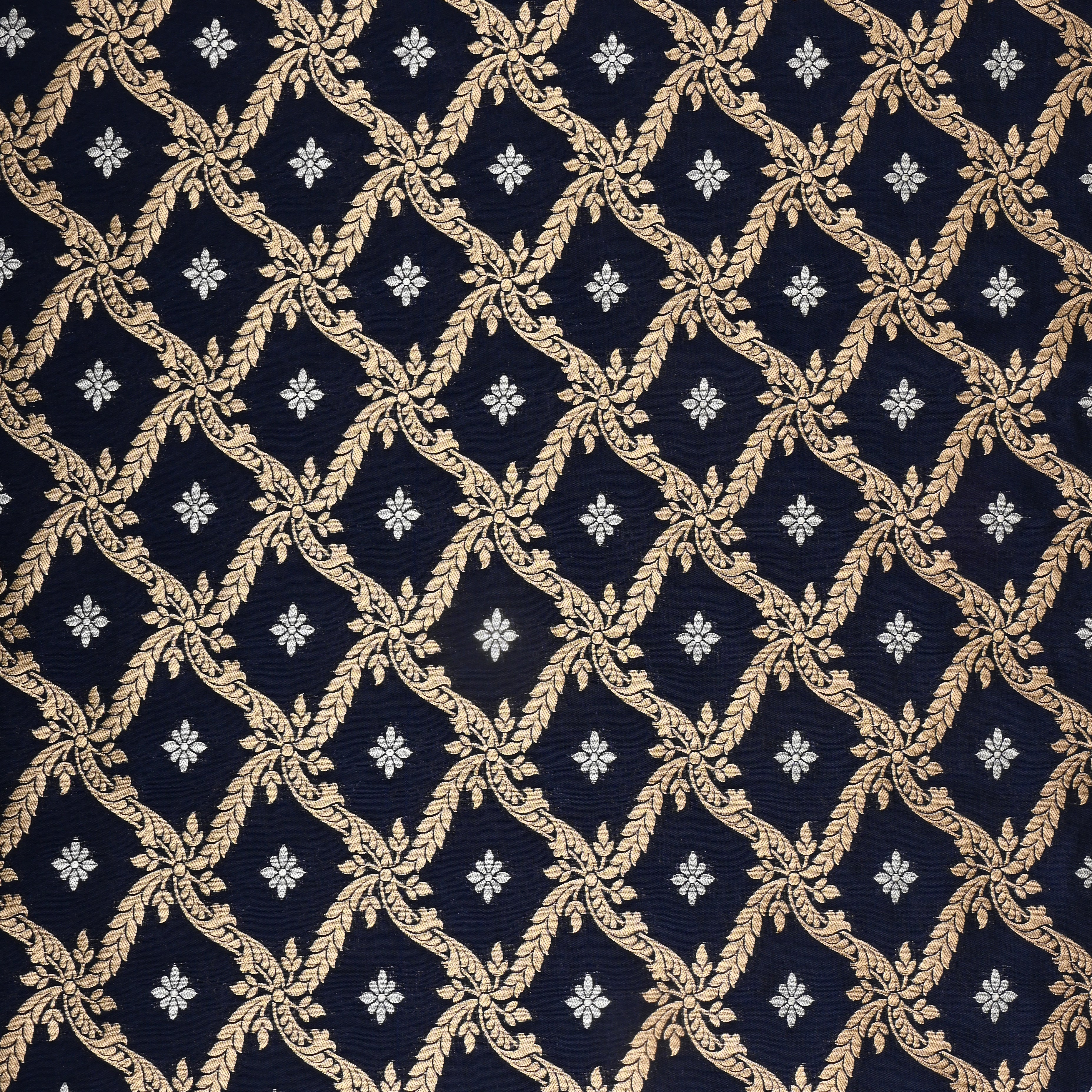 Dark Navy Blue Jamawar Silk Fabric With Floral Butti'S