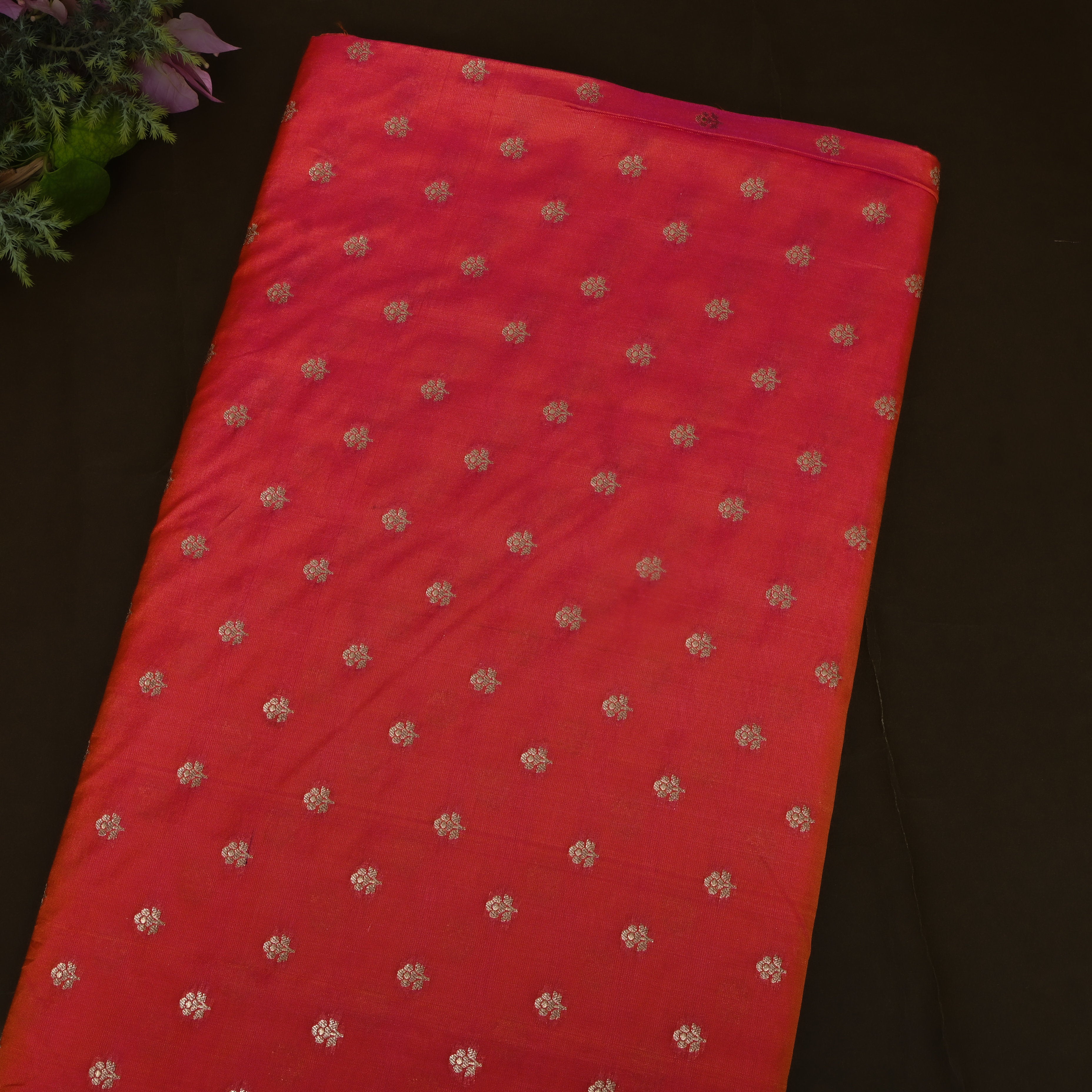 Bright Red Jamawar Silk With Woven Gold Butti