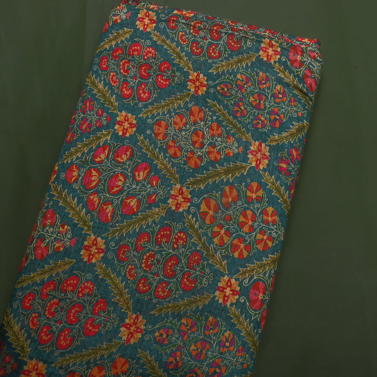 Deep Teal Floral Print Tussar Tusser Fabric