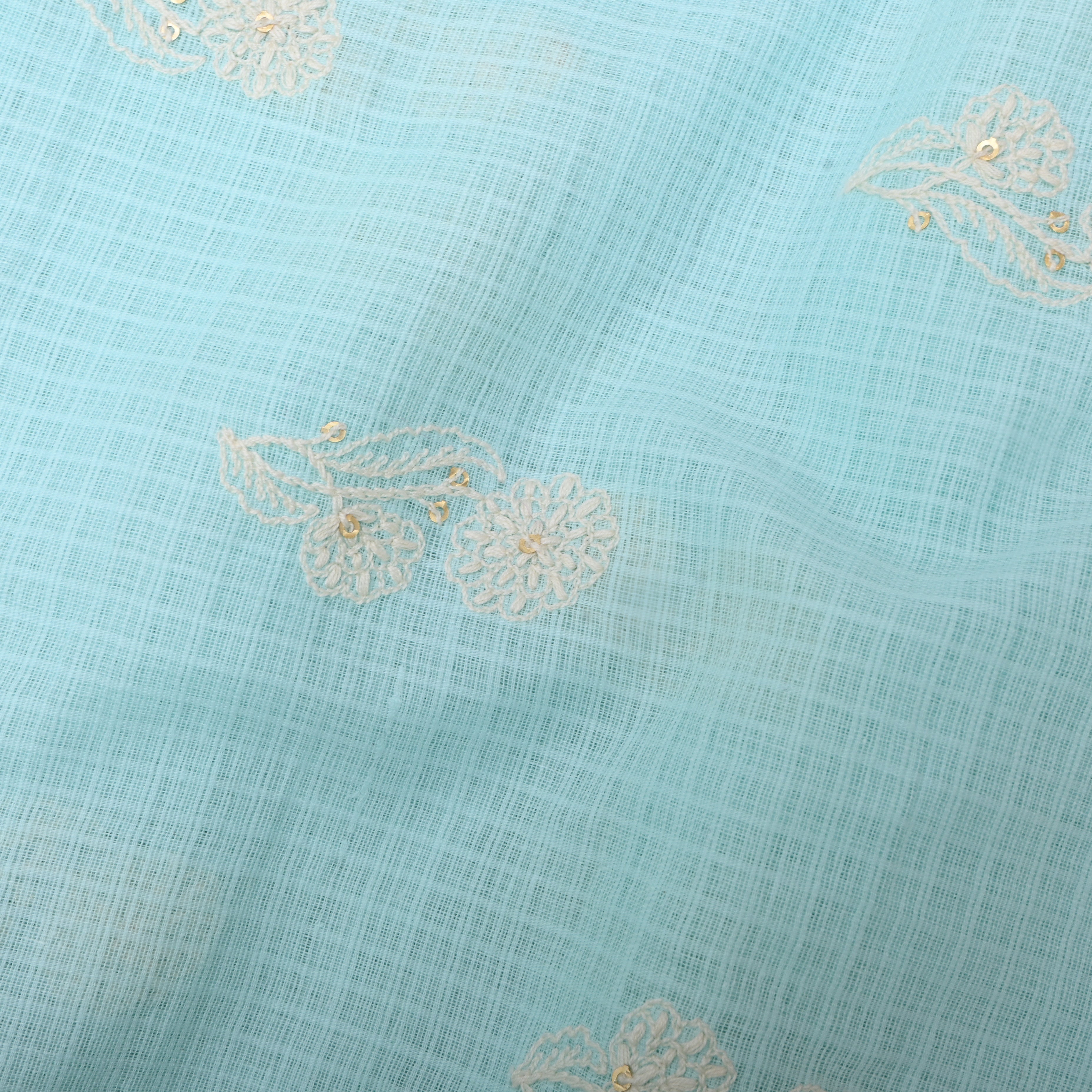 Light Cyan Blue Floral Embroidered Kota Fabric