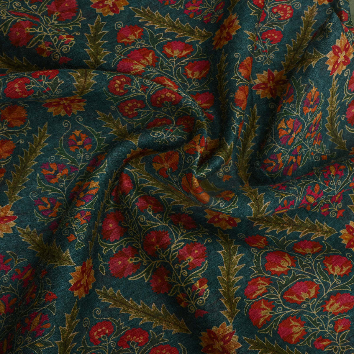 Deep Teal Floral Print Tussar Tusser Fabric