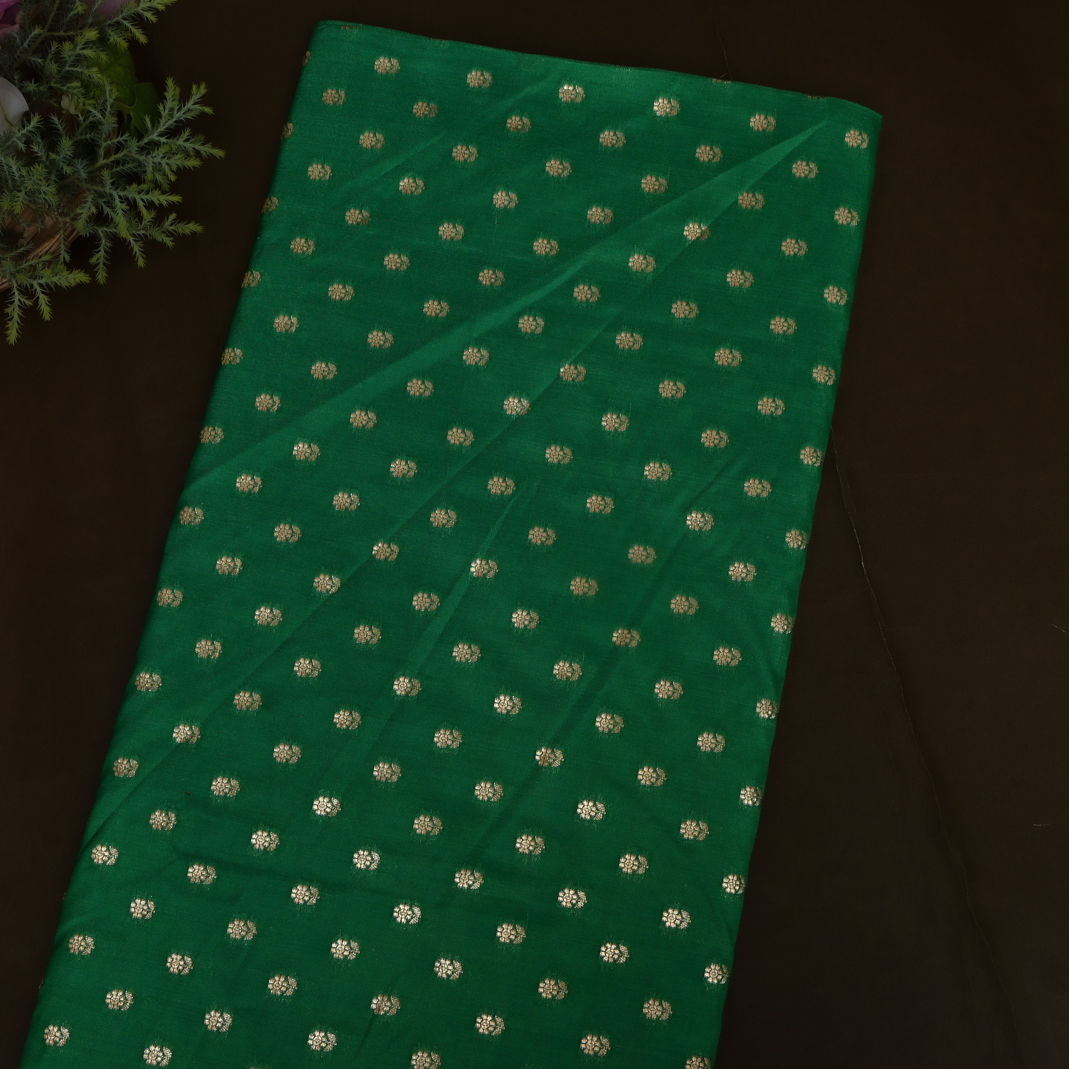 Bottle Green Jamawar Silk With Woven Gold Butti