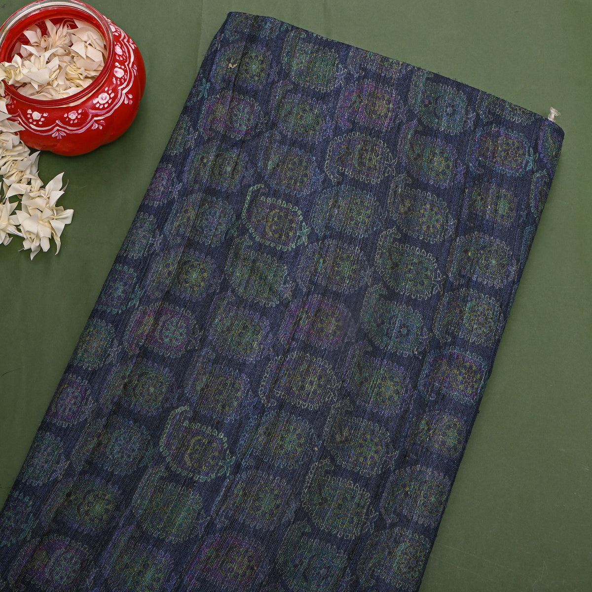 Midnight Blue Pomegranate Motif Print Tussar Silk Fabric