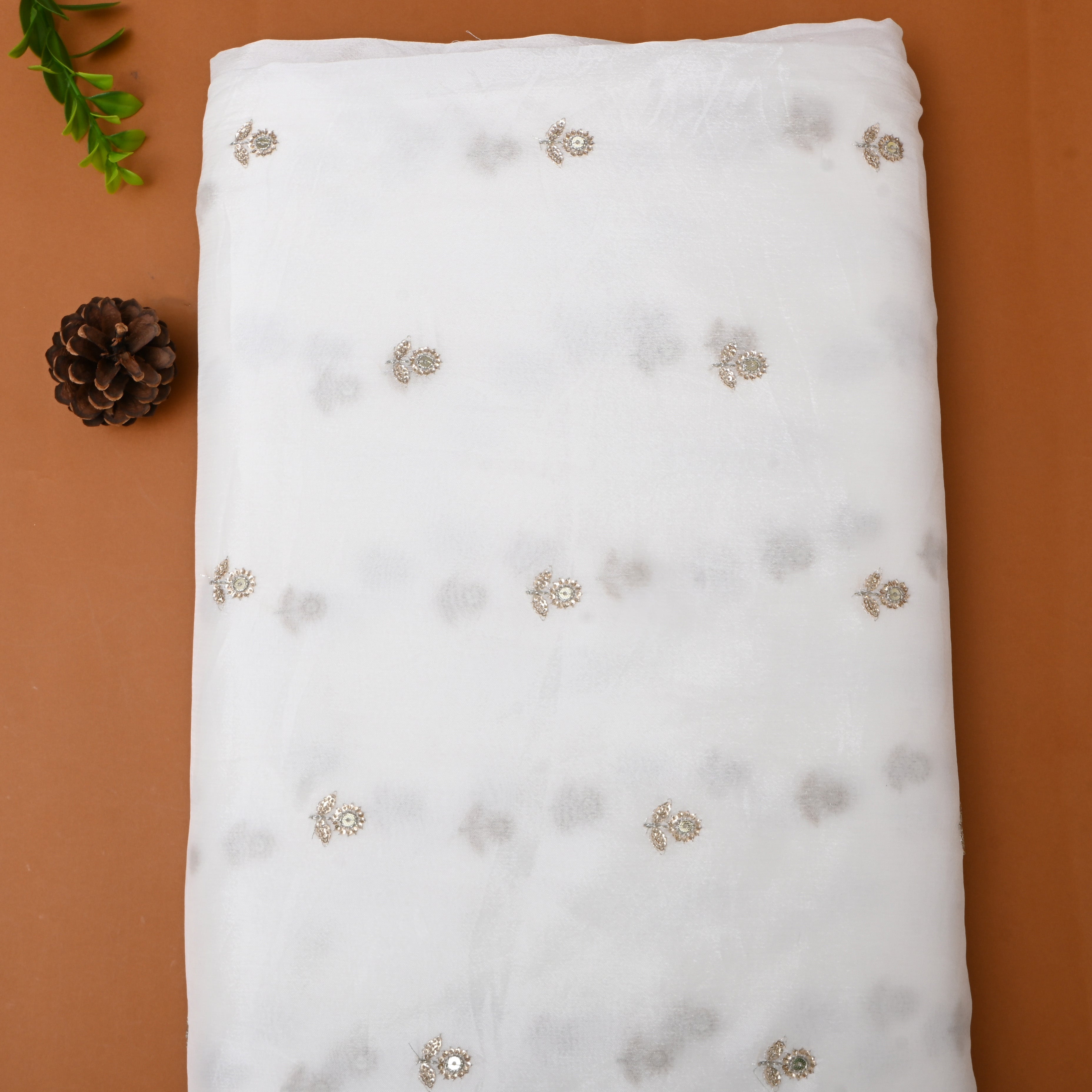 White Floral Embroidered Silk Fabric