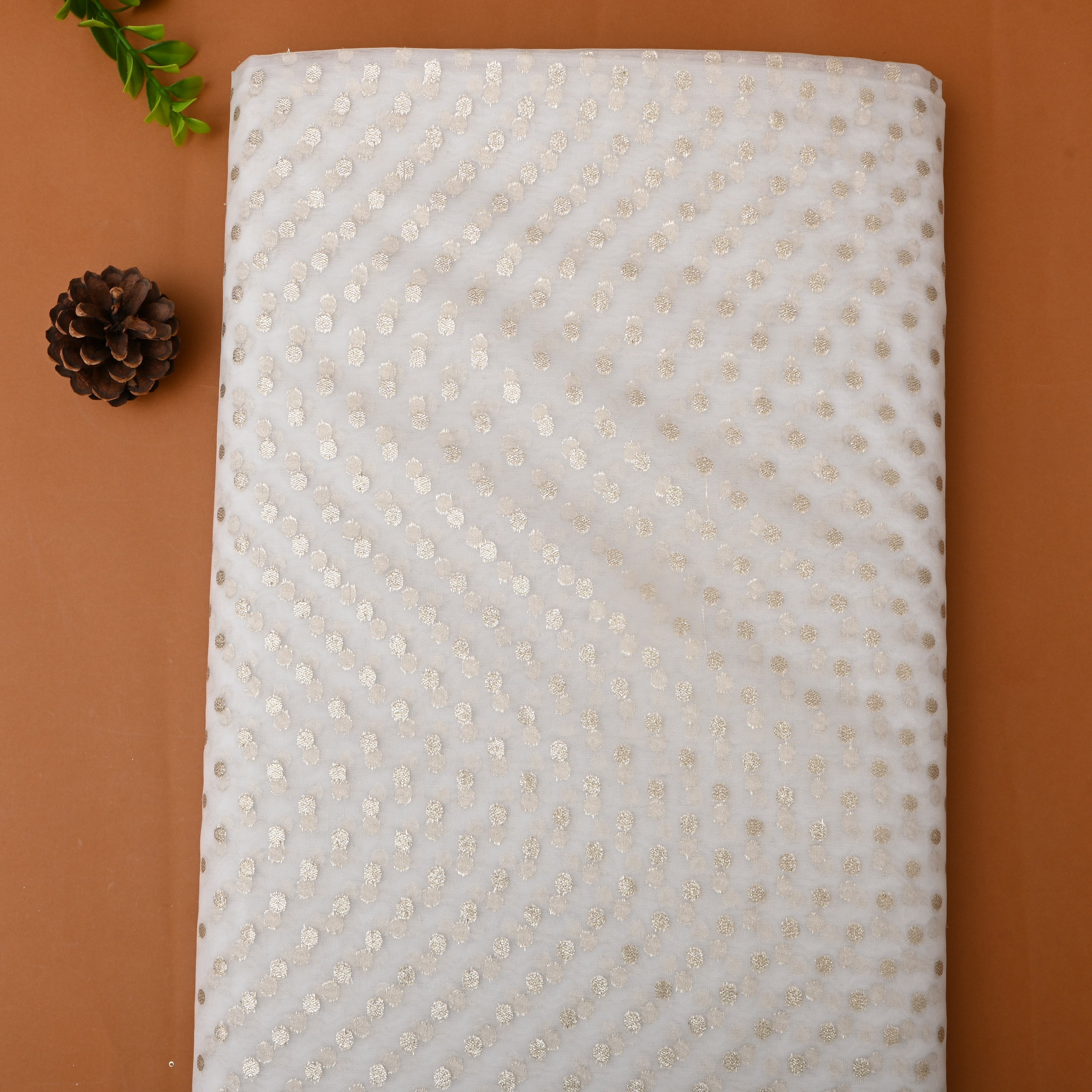 White Floral Zari Butti Organza Fabric