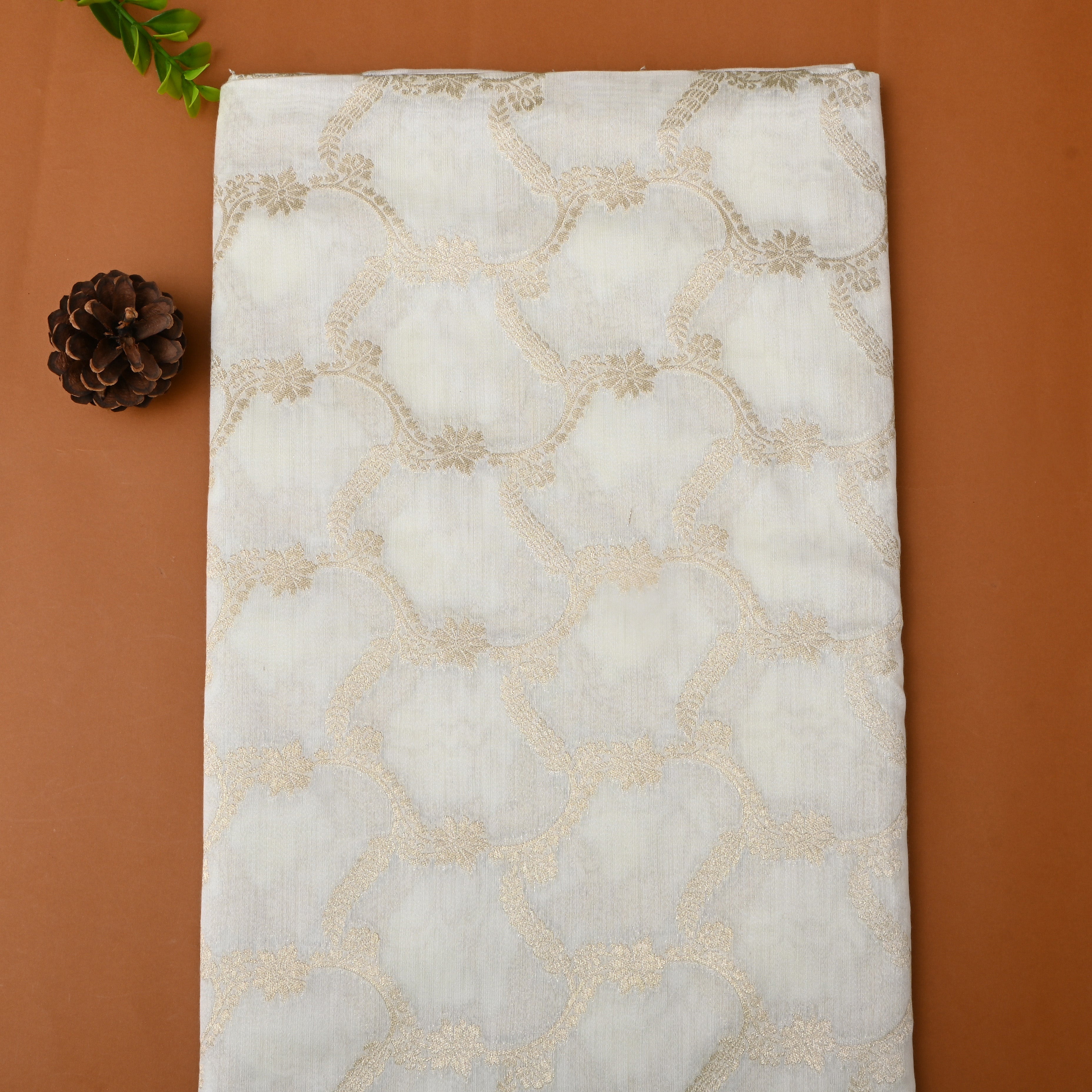 Off-White Golden Zari Dupion Silk Fabric