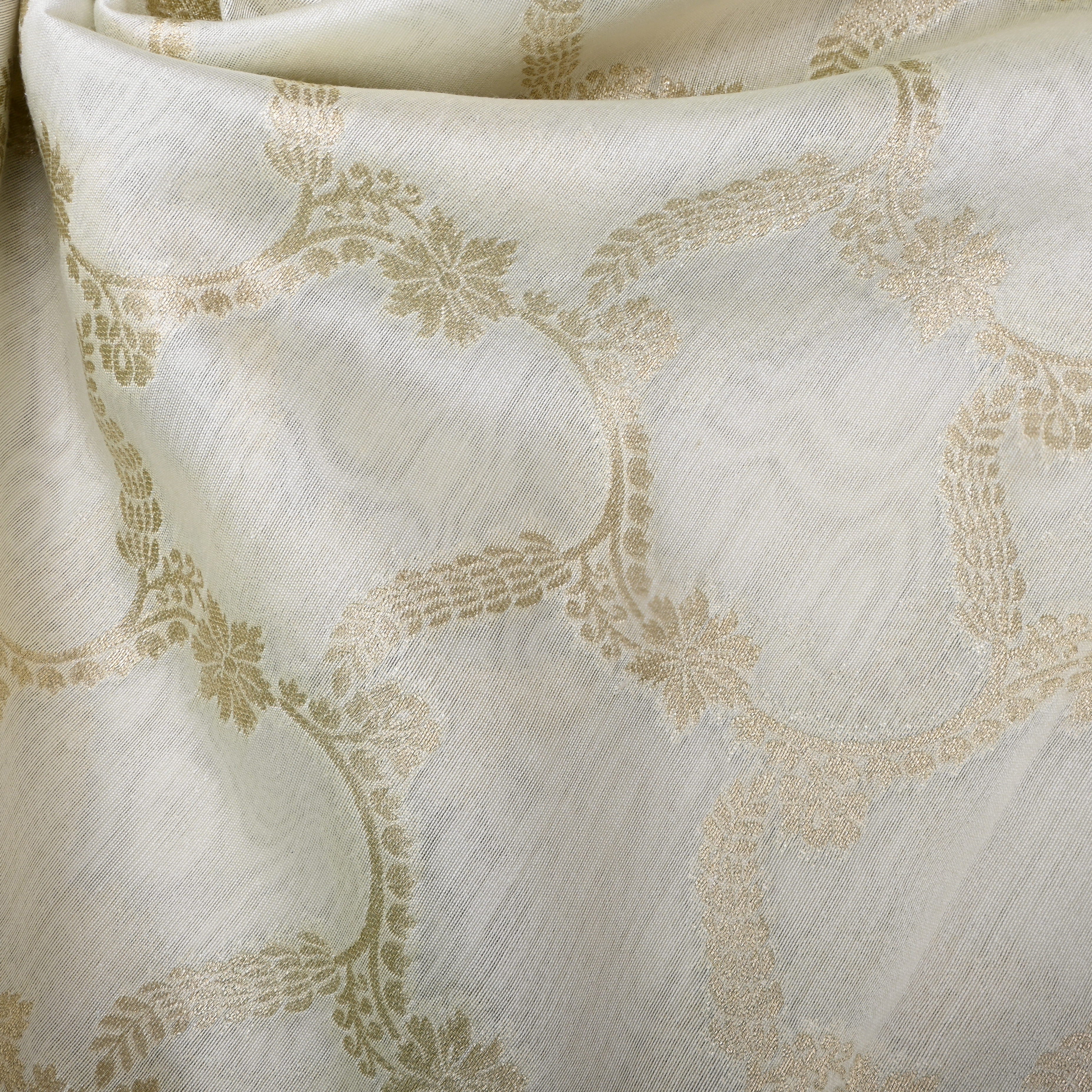 Off-White Golden Zari Dupion Silk Fabric