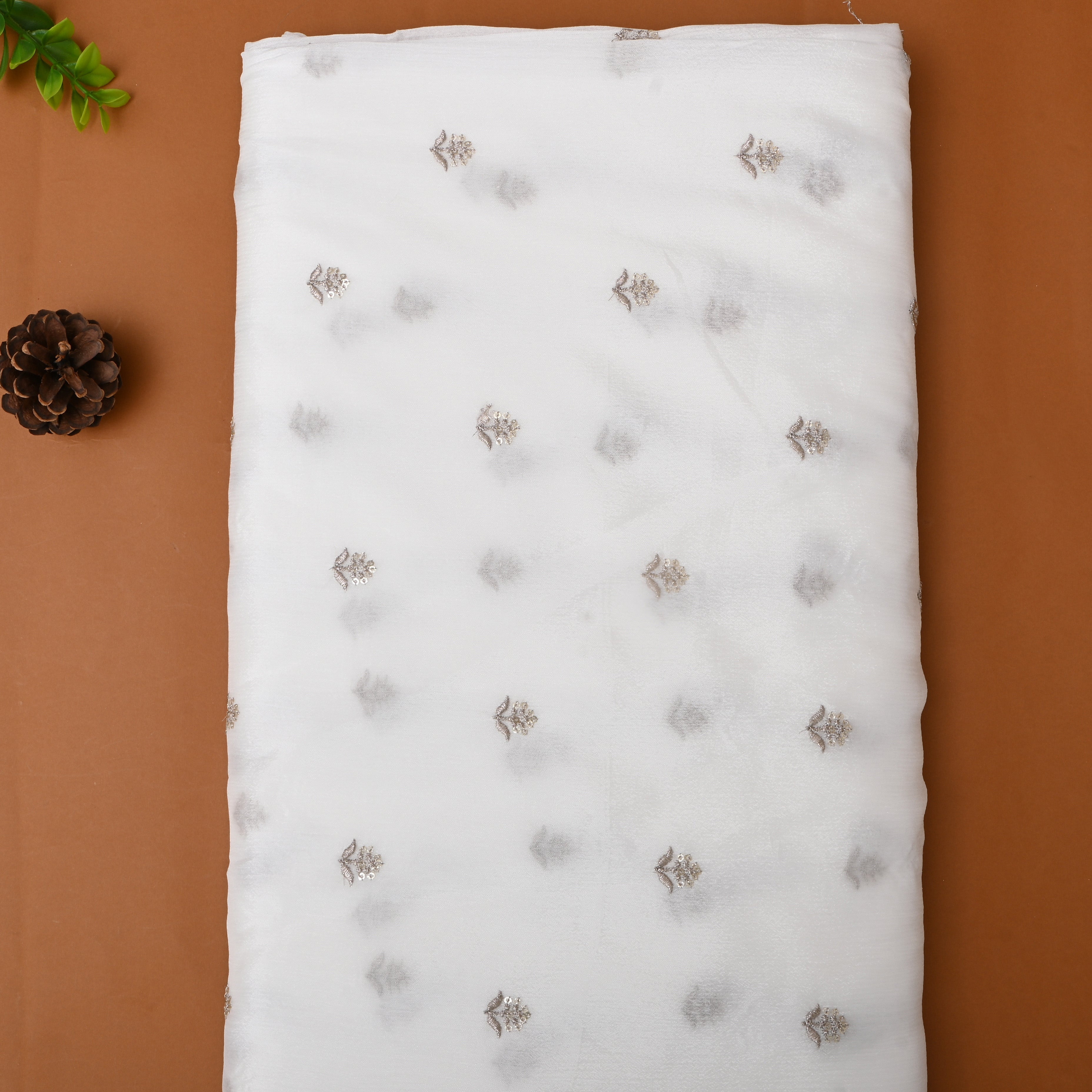 White Embroidered Silk Fabric With Floral Motifs