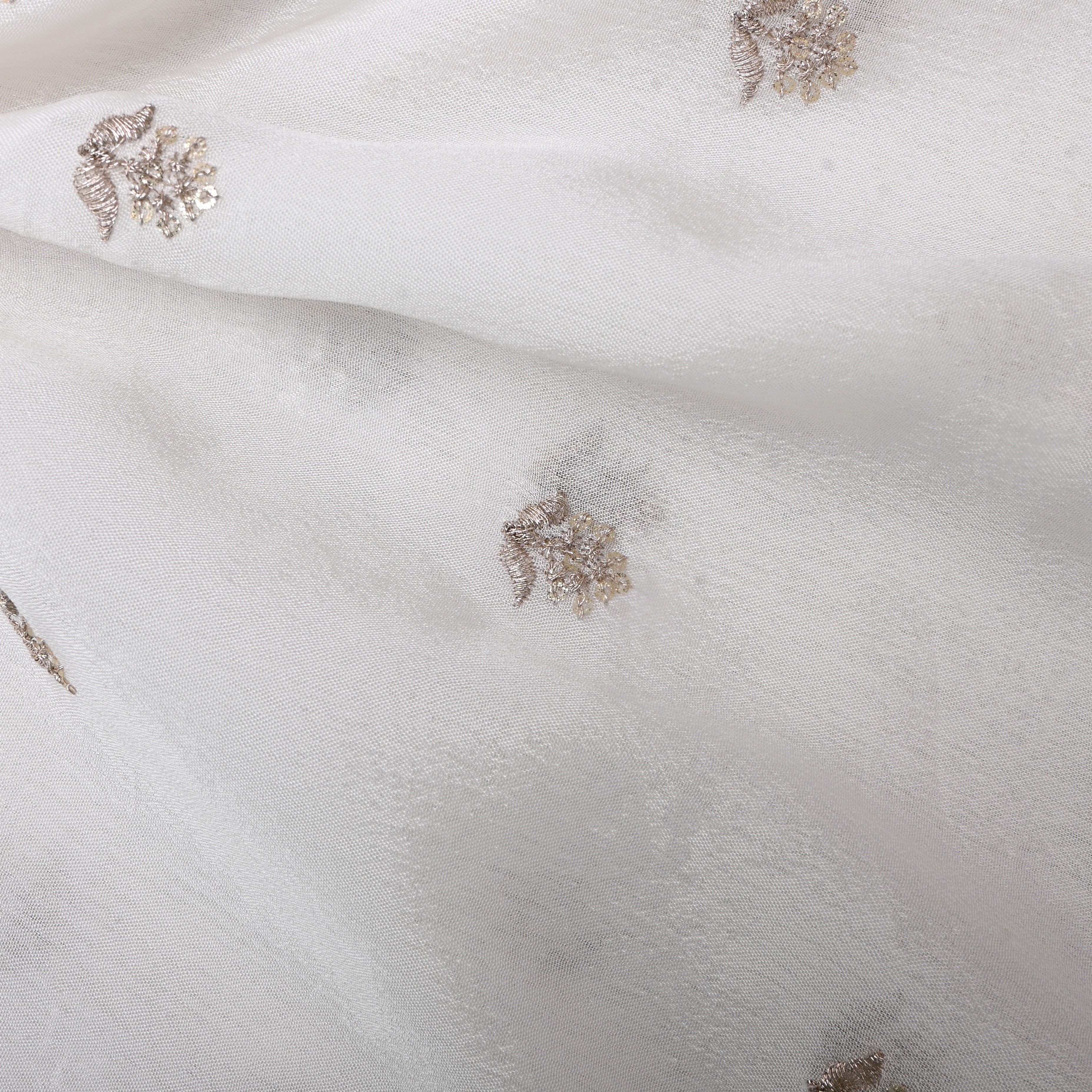 White Embroidered Silk Fabric With Floral Motifs