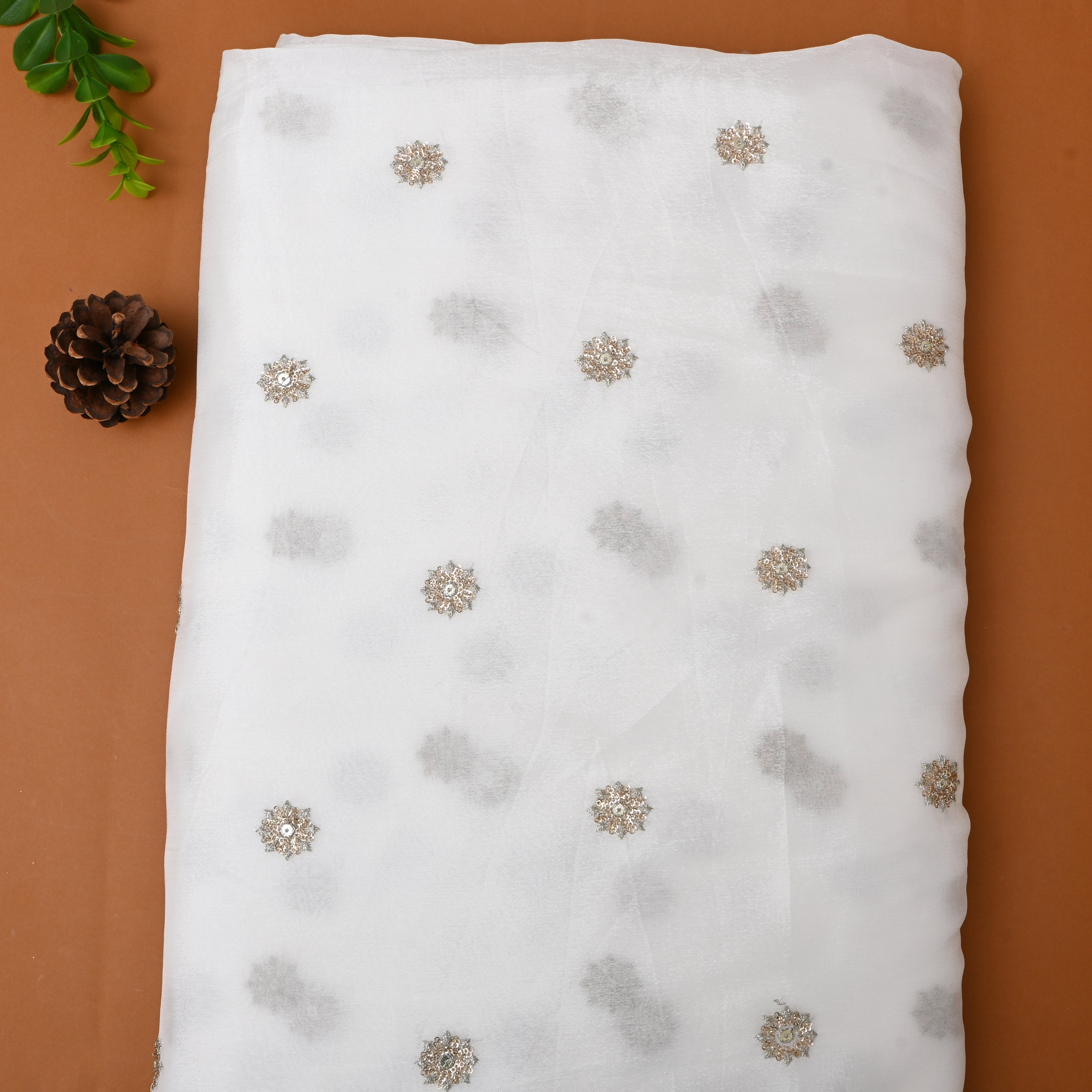 White Silk Fabric With Floral Embroidery