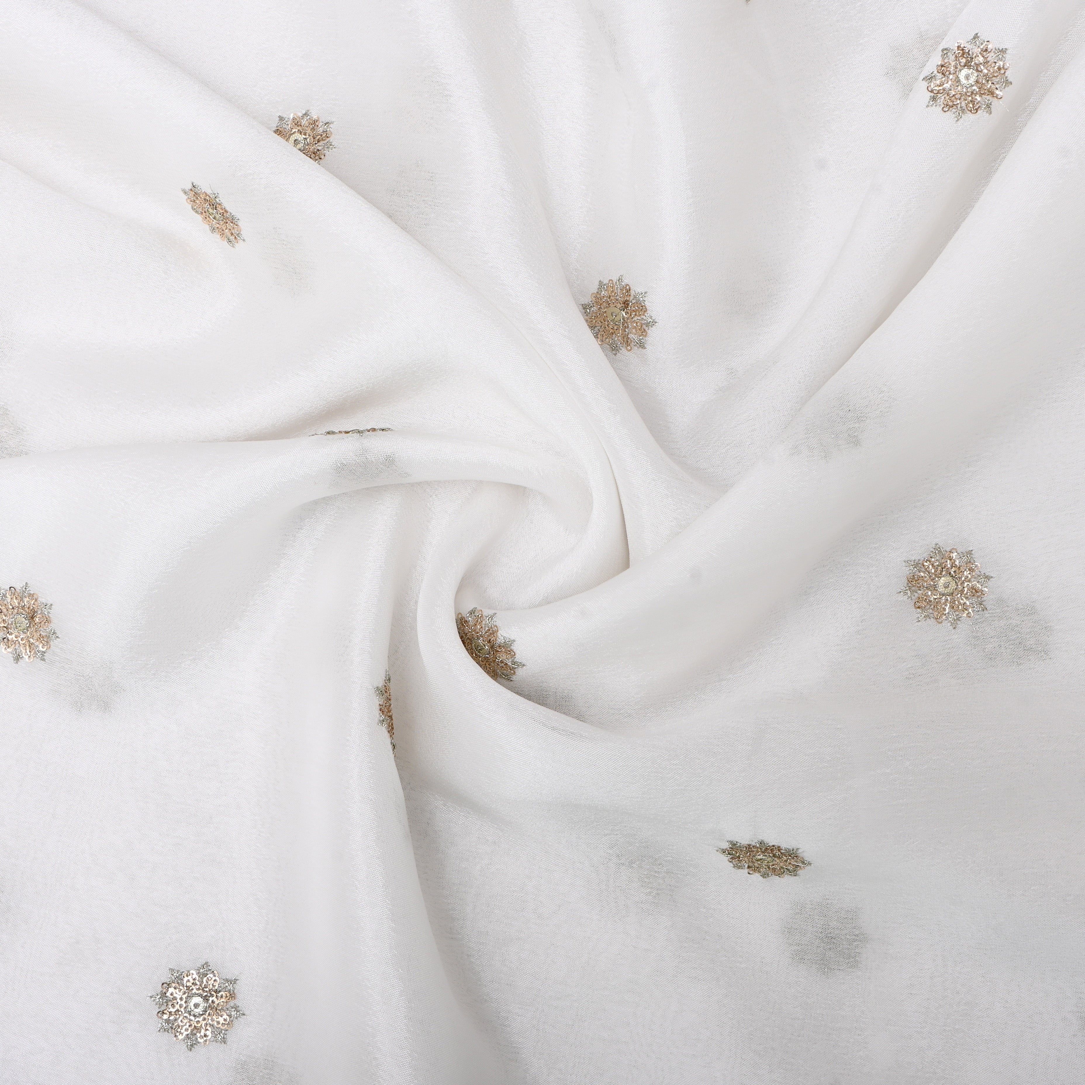 White Silk Fabric With Floral Embroidery