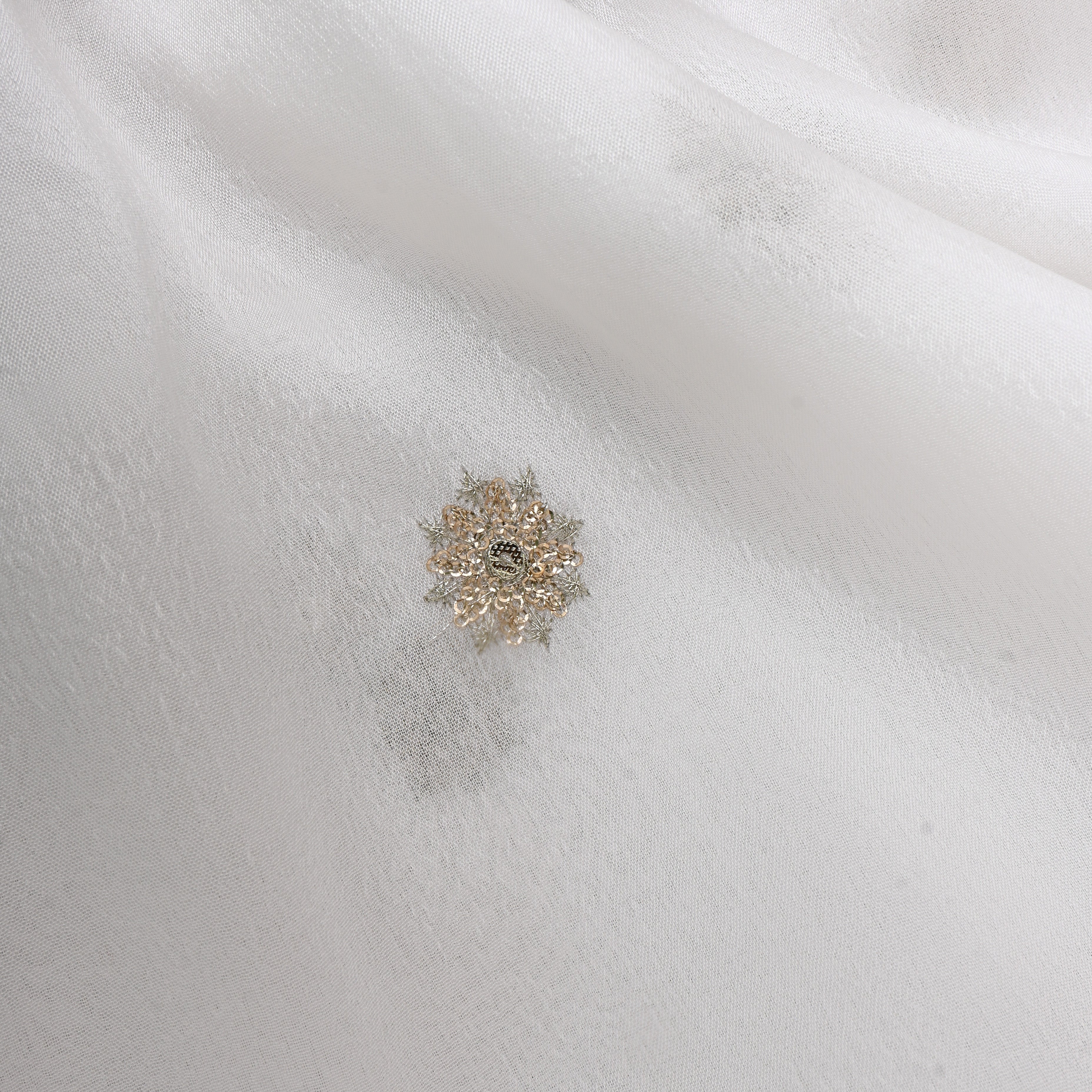 White Silk Fabric With Floral Embroidery