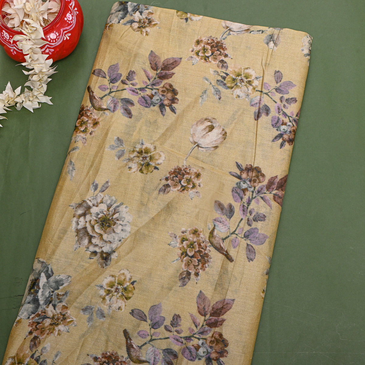 Straw Gold Garden Floral Digital Print Raw Silk Fabric