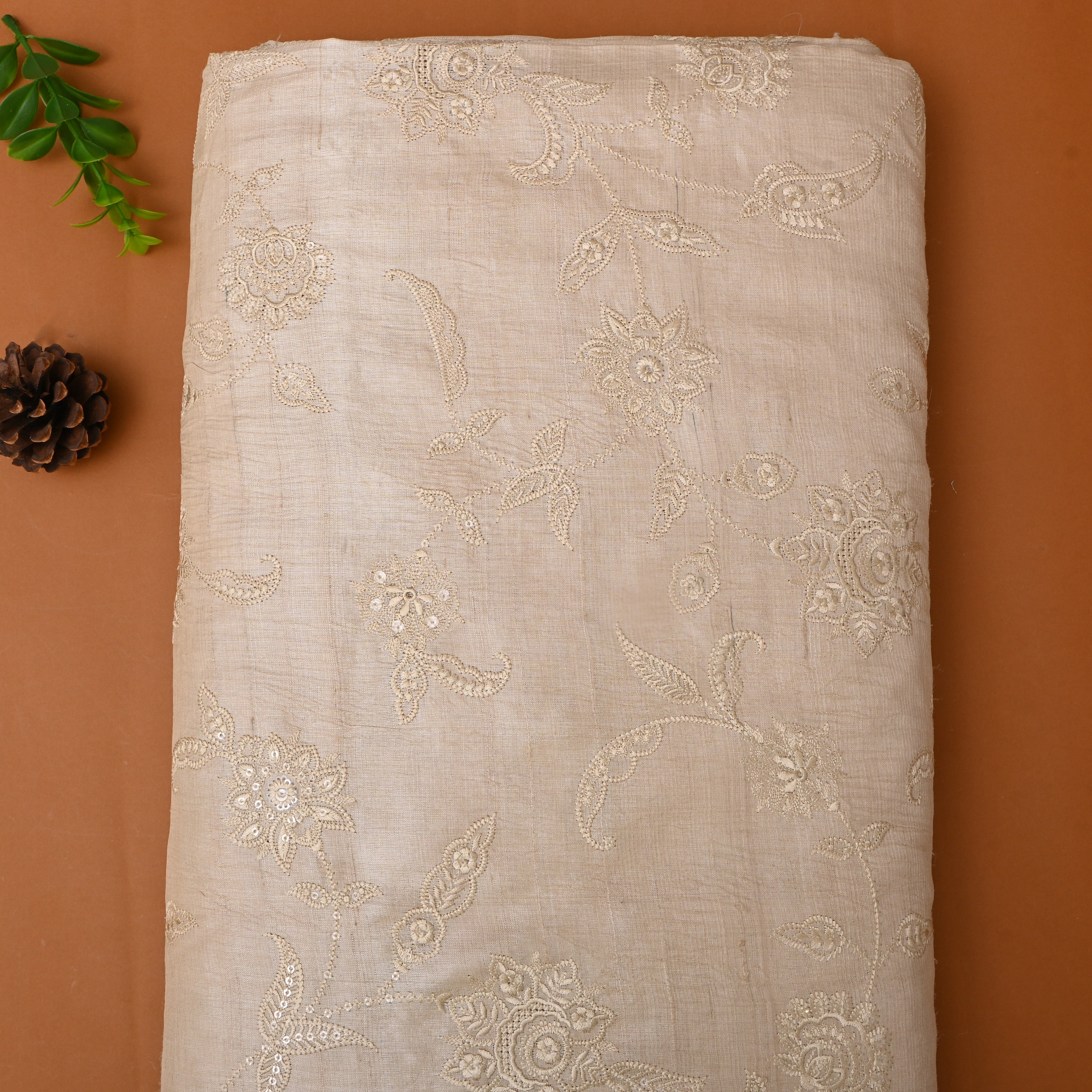 Pastel White Thread Embroidered Tussar Fabric