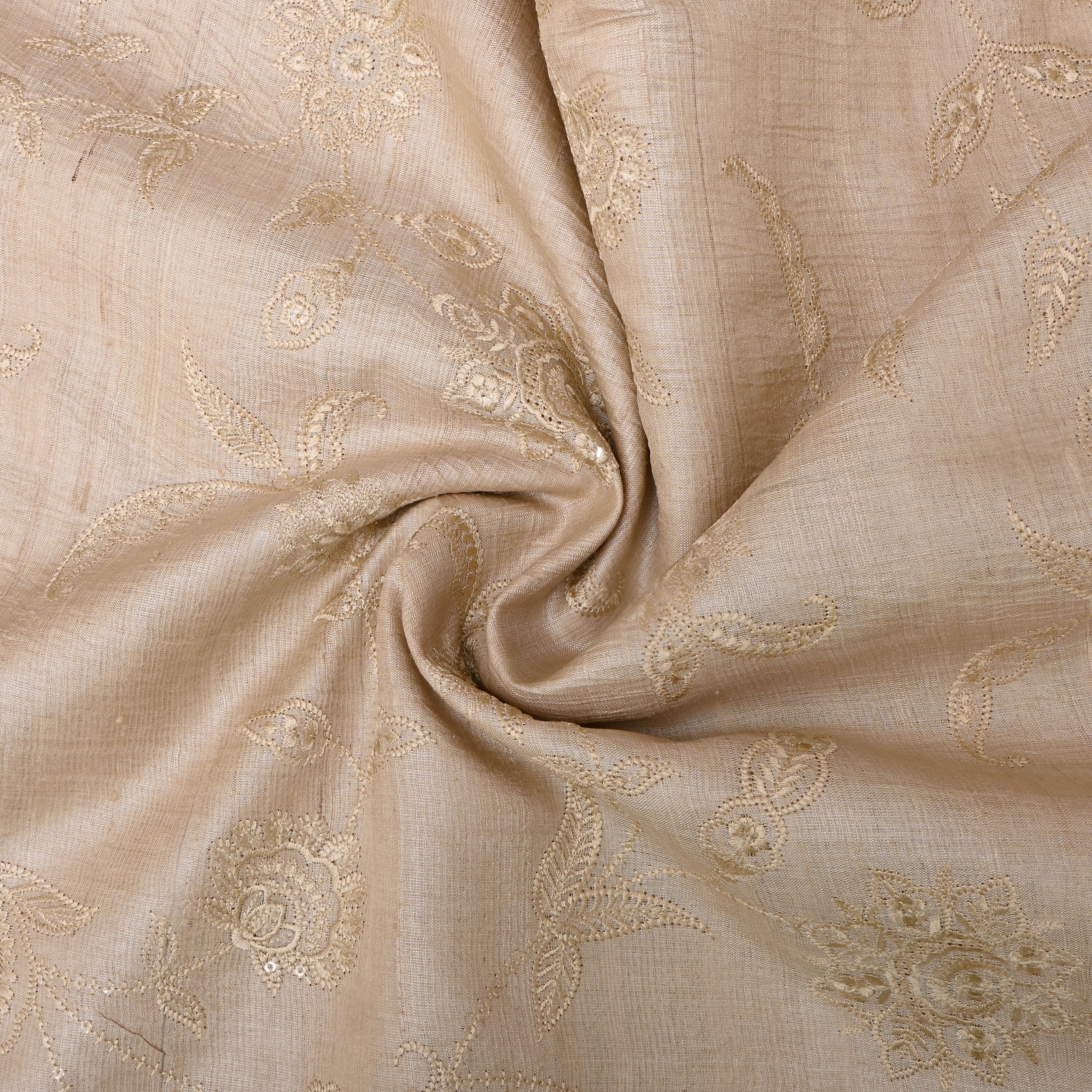 Pastel White Thread Embroidered Tussar Fabric