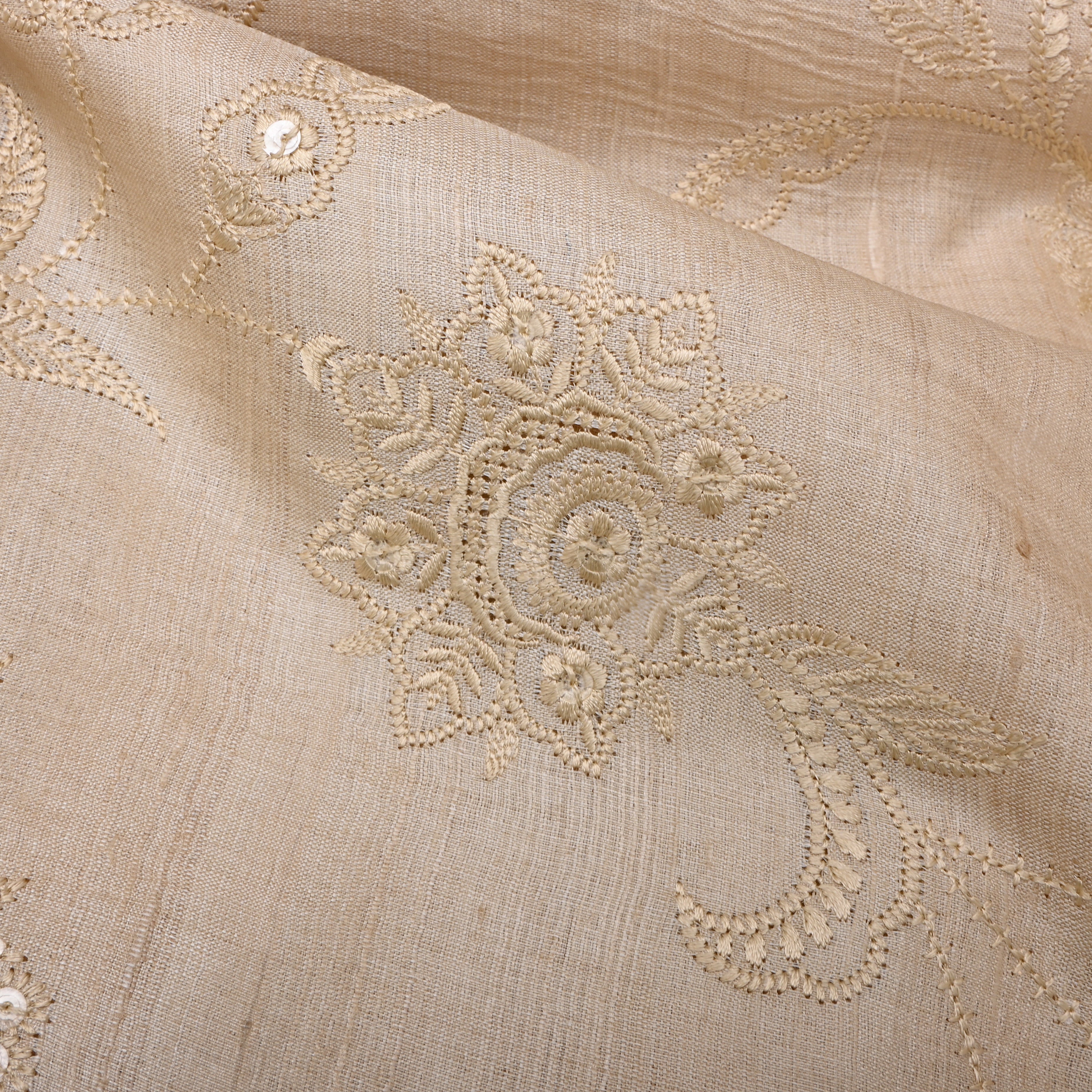 Pastel White Thread Embroidered Tussar Fabric
