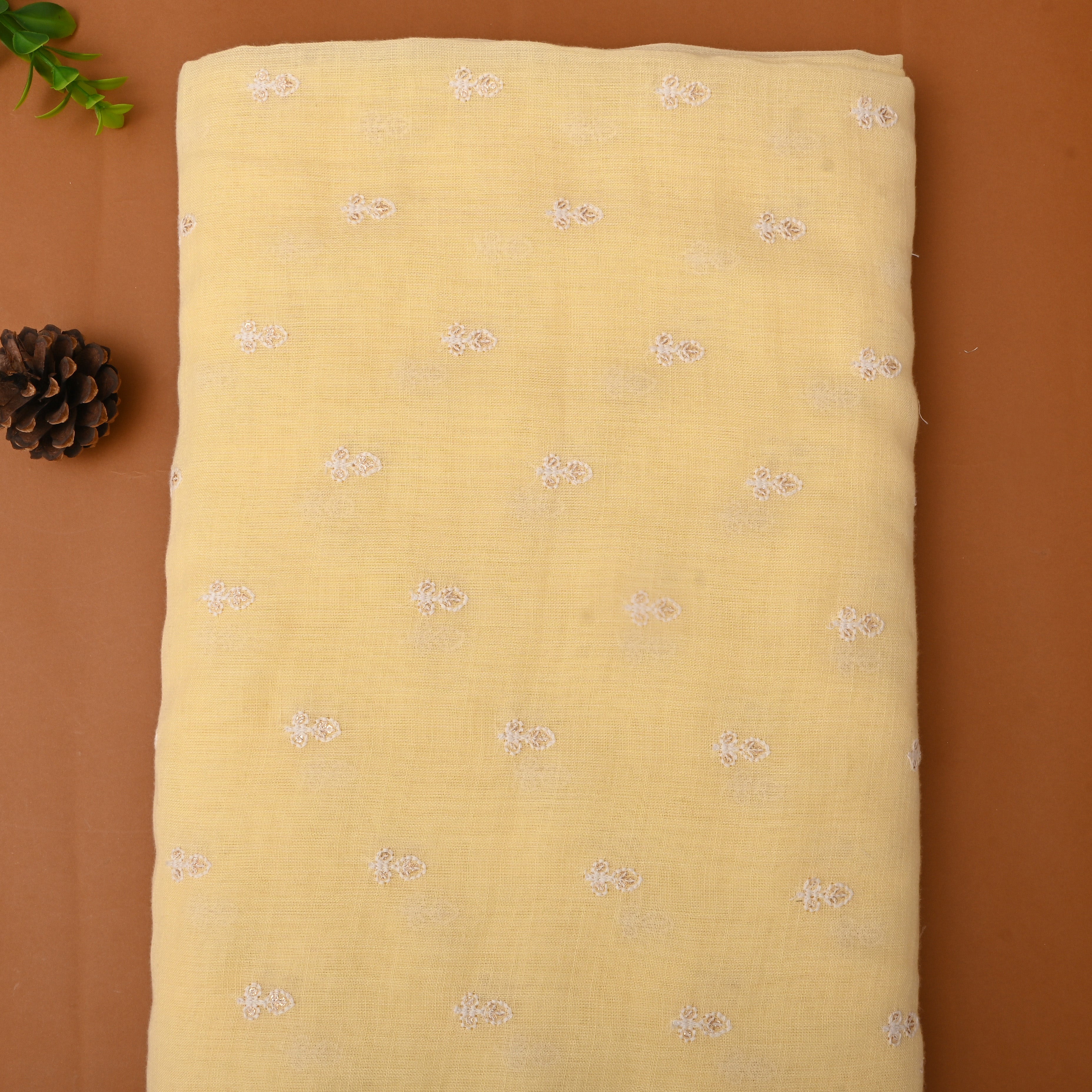 Pastel Yellow Floral Thread Embroidered Linen Fabric