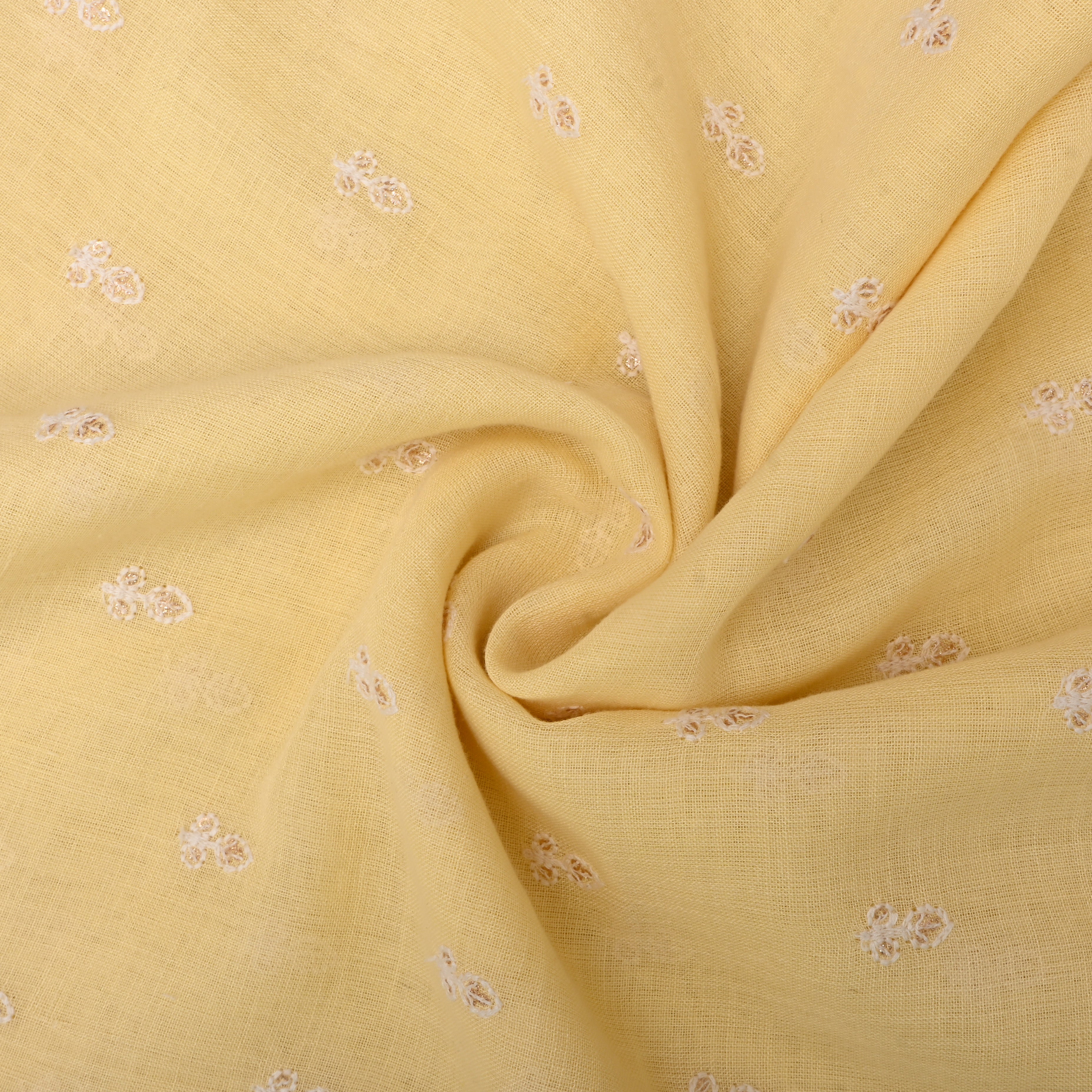 Pastel Yellow Floral Thread Embroidered Linen Fabric