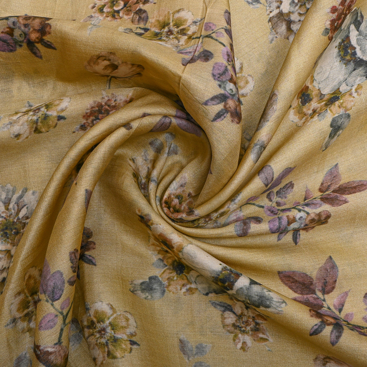 Straw Gold Garden Floral Digital Print Raw Silk Fabric