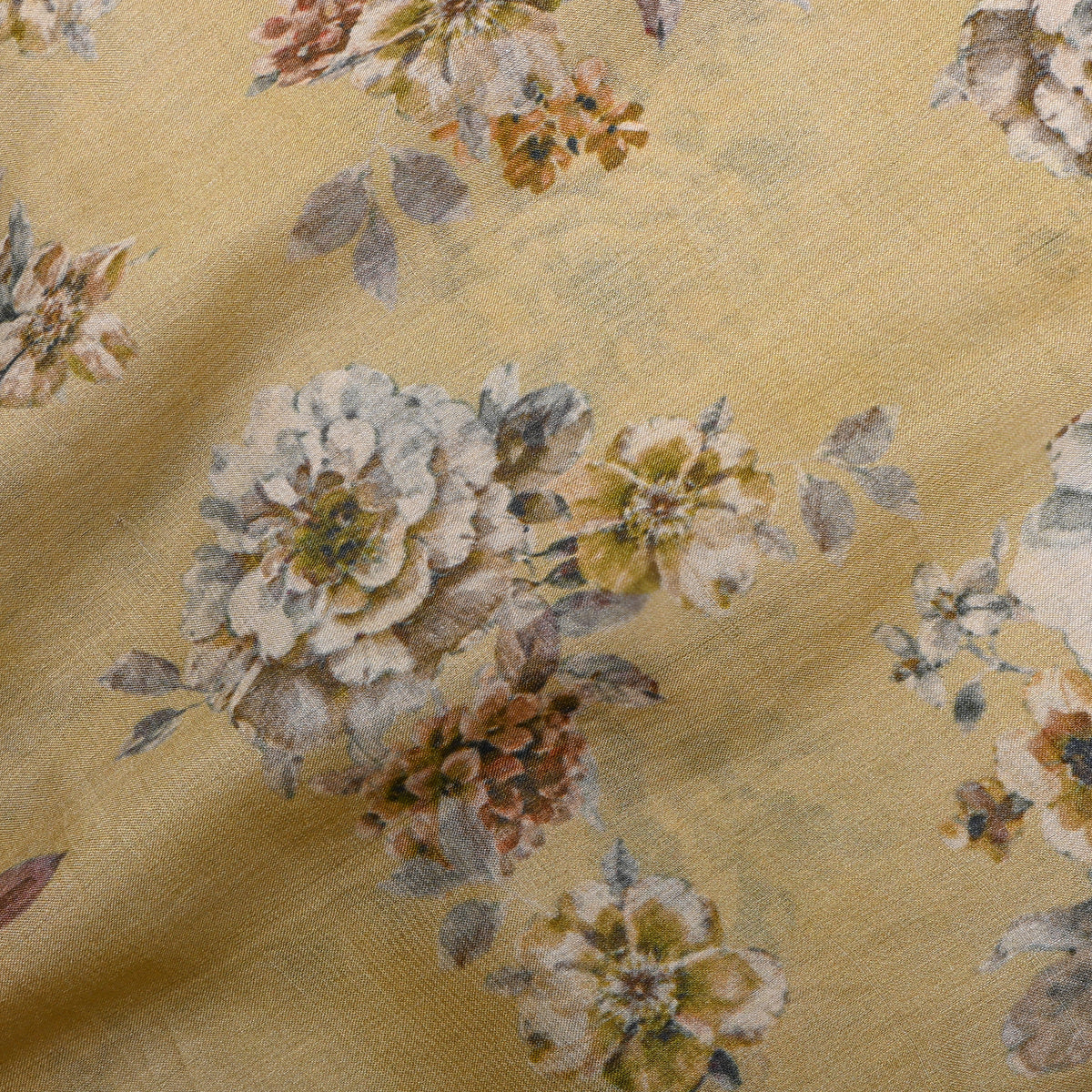 Straw Gold Garden Floral Digital Print Raw Silk Fabric