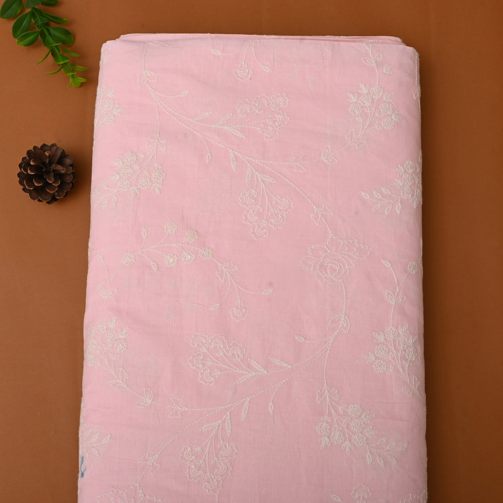 Soft Taffy Pink Floral Thread Embroidered Cotton Fabric ...