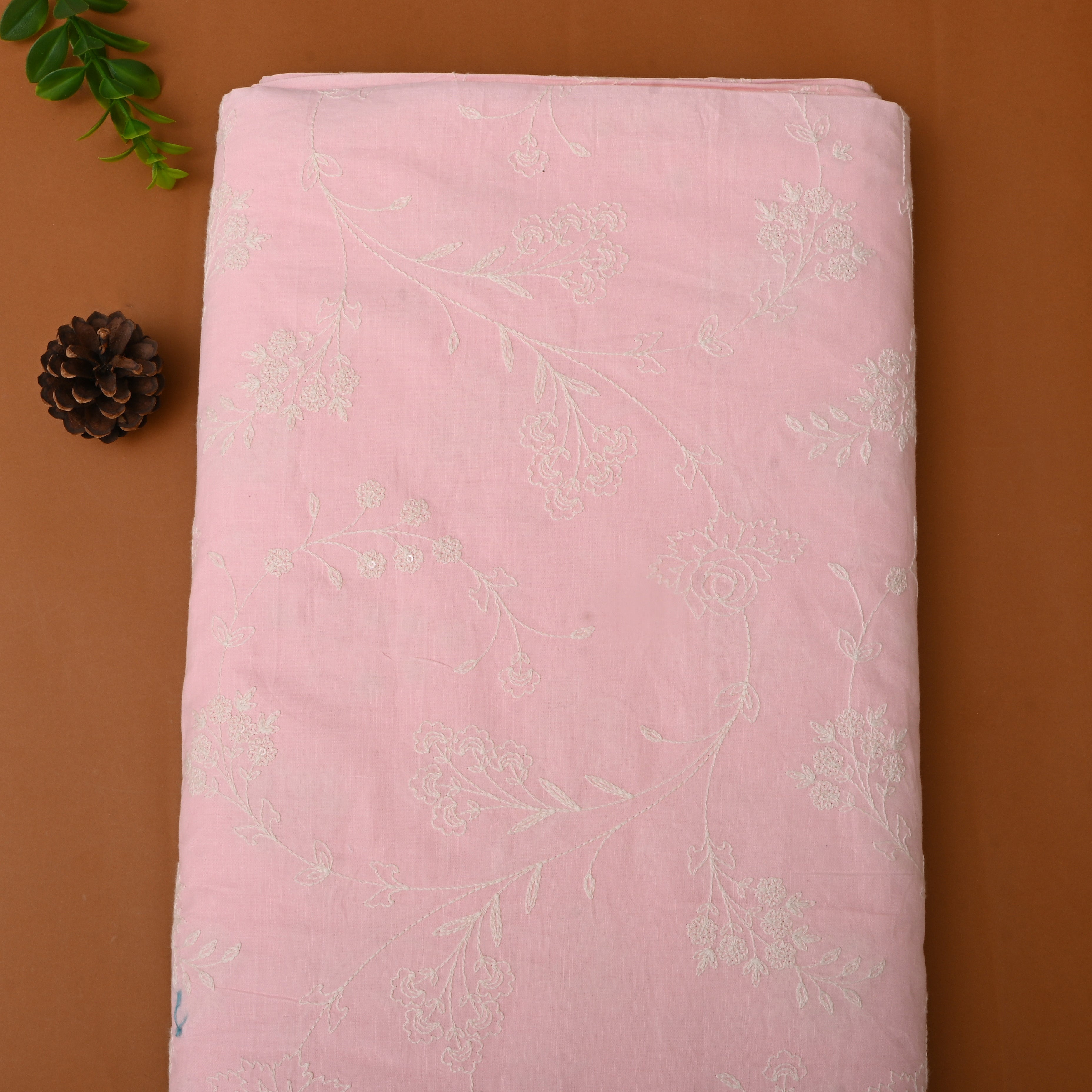 Soft Taffy Pink Floral Thread Embroidered Cotton Fabric