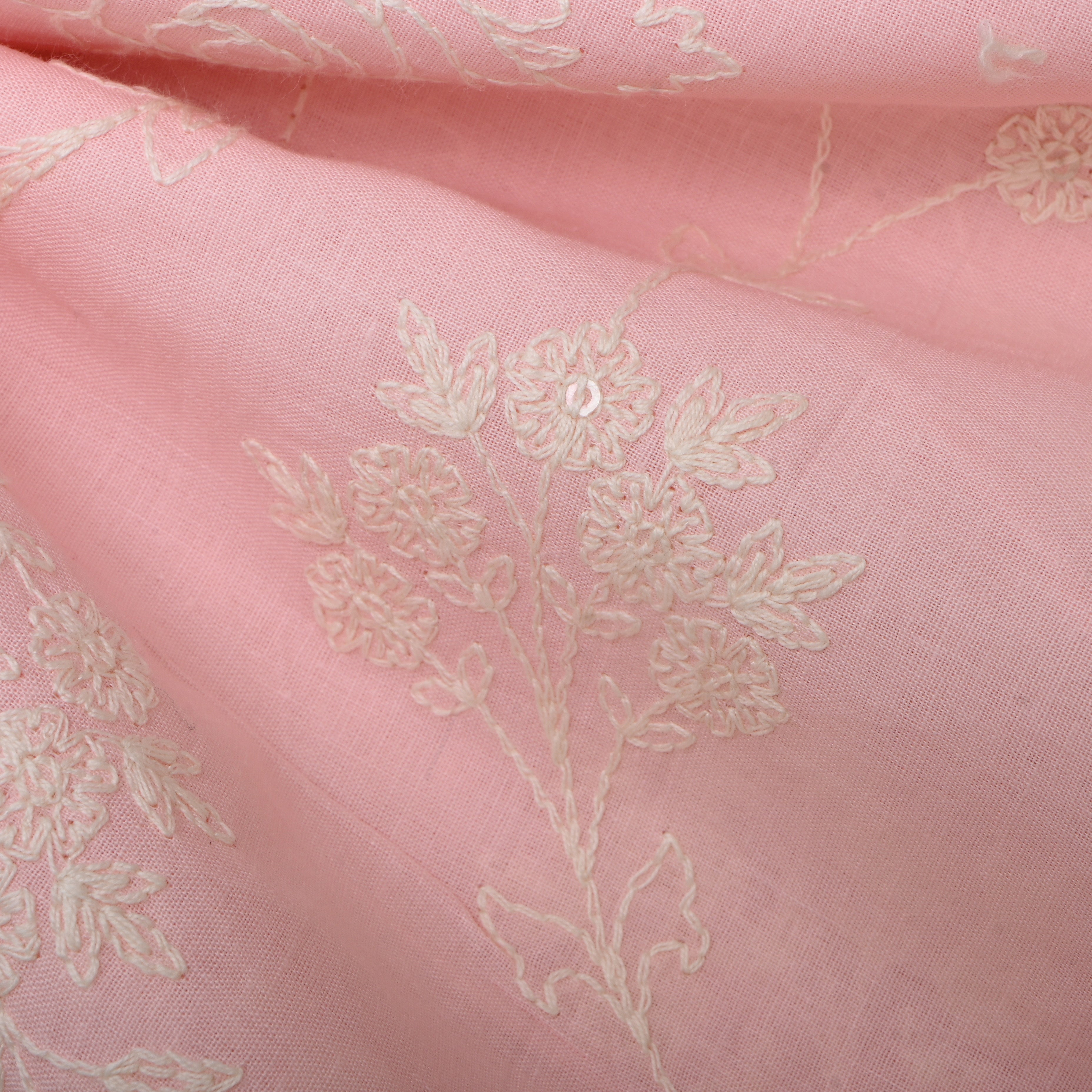 Soft Taffy Pink Floral Thread Embroidered Cotton Fabric